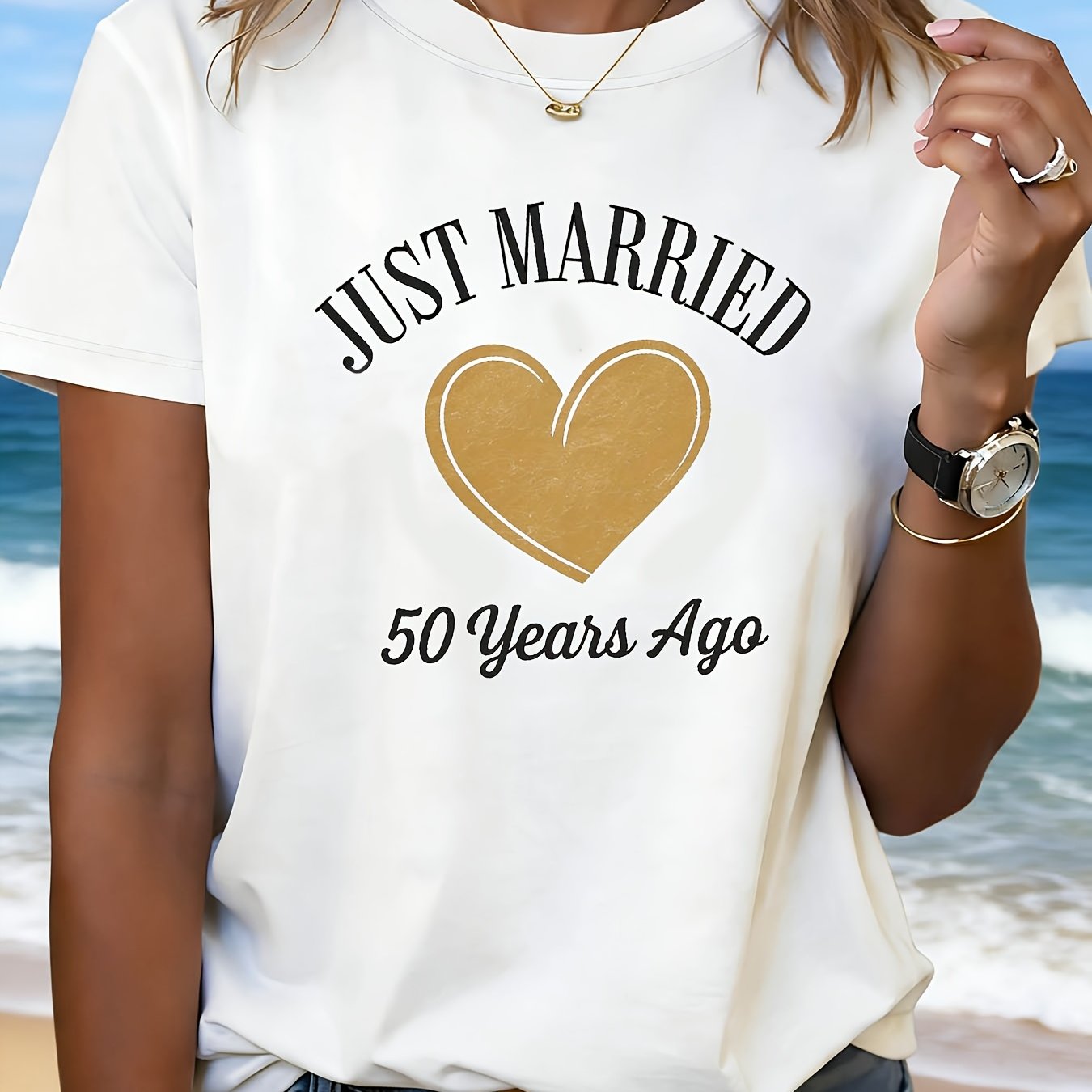 TEMU A White Short-sleeve Round-neck T-shirt Featuring A 'just Married 50 ' Print, Perfect For A Wedding Anniversary. Machine Washable And Suitable