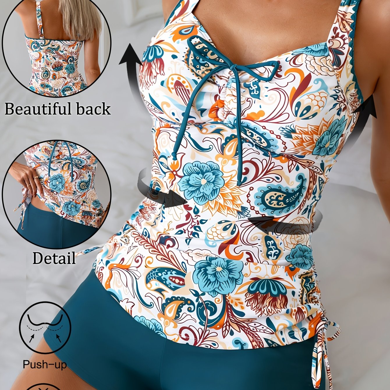 Image of 26ss Women's Swimsuit Set, Paisley Pattern With Drawstring Tie, Tummy Control Style, Fashionable And Casual For , 2-in-1 Look Set
