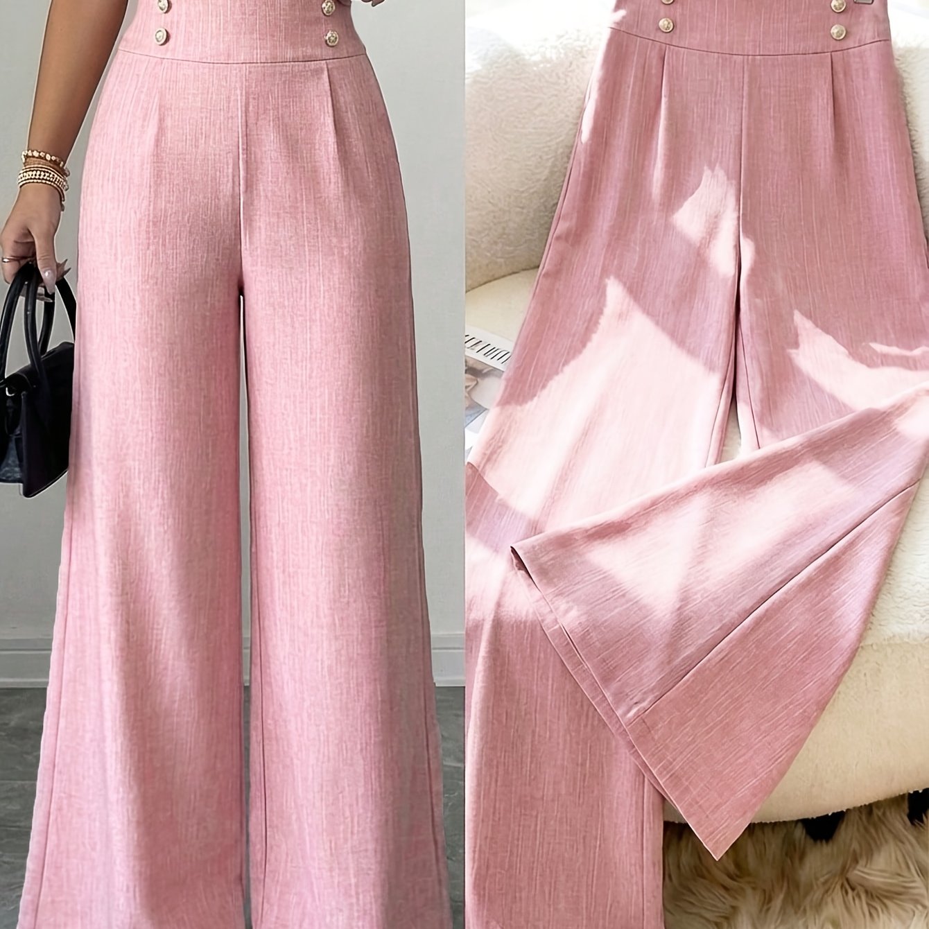 TEMU Women's Pink Bamboo Joint Fabric High-waist Tie-back Wrap Pants With , Front Metal Waistband For A Effect, Flared Bell-bottom Trousers. Elegant