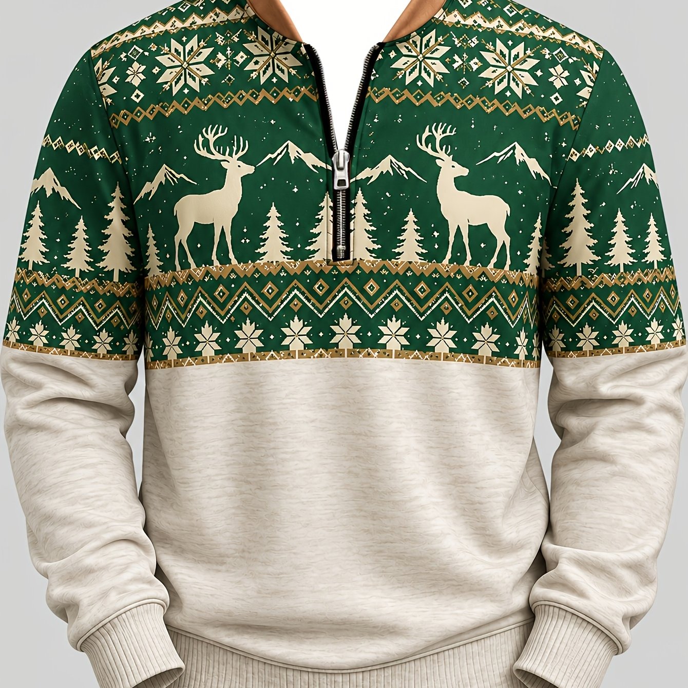 TEMU Print Design - Non-textured/2d Printing Men's Autumn Winter Christmas Retro Reindeer Snowflake Print Half-zip Sweatshirt, Loose Casual Versatile