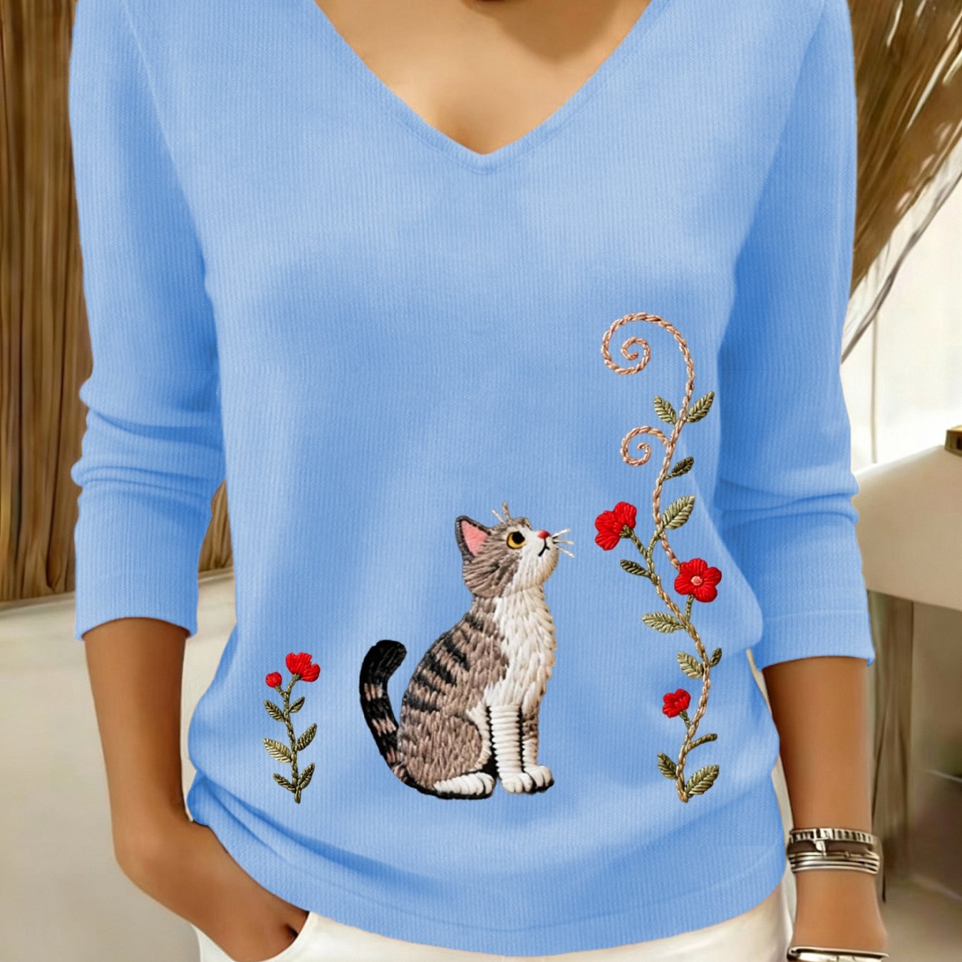 TEMU Women's Casual Sweater - Long Sleeve Loose V-neck Pullover, Slightly Stretchy Comfortable Top, Textured Design, Durable Fabric, Fashionable