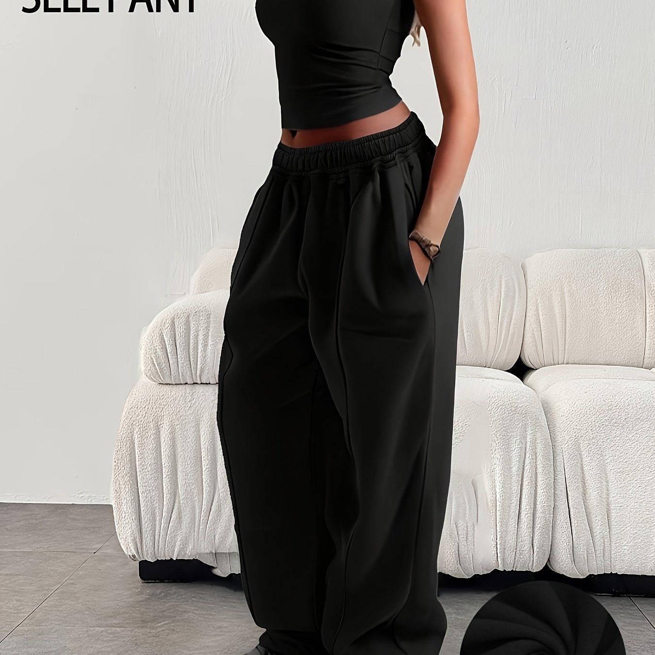 TEMU Women's Sporty Casual Long Pants, Loose-fitting Simple Solid-color Elastic Waist Sweatpants