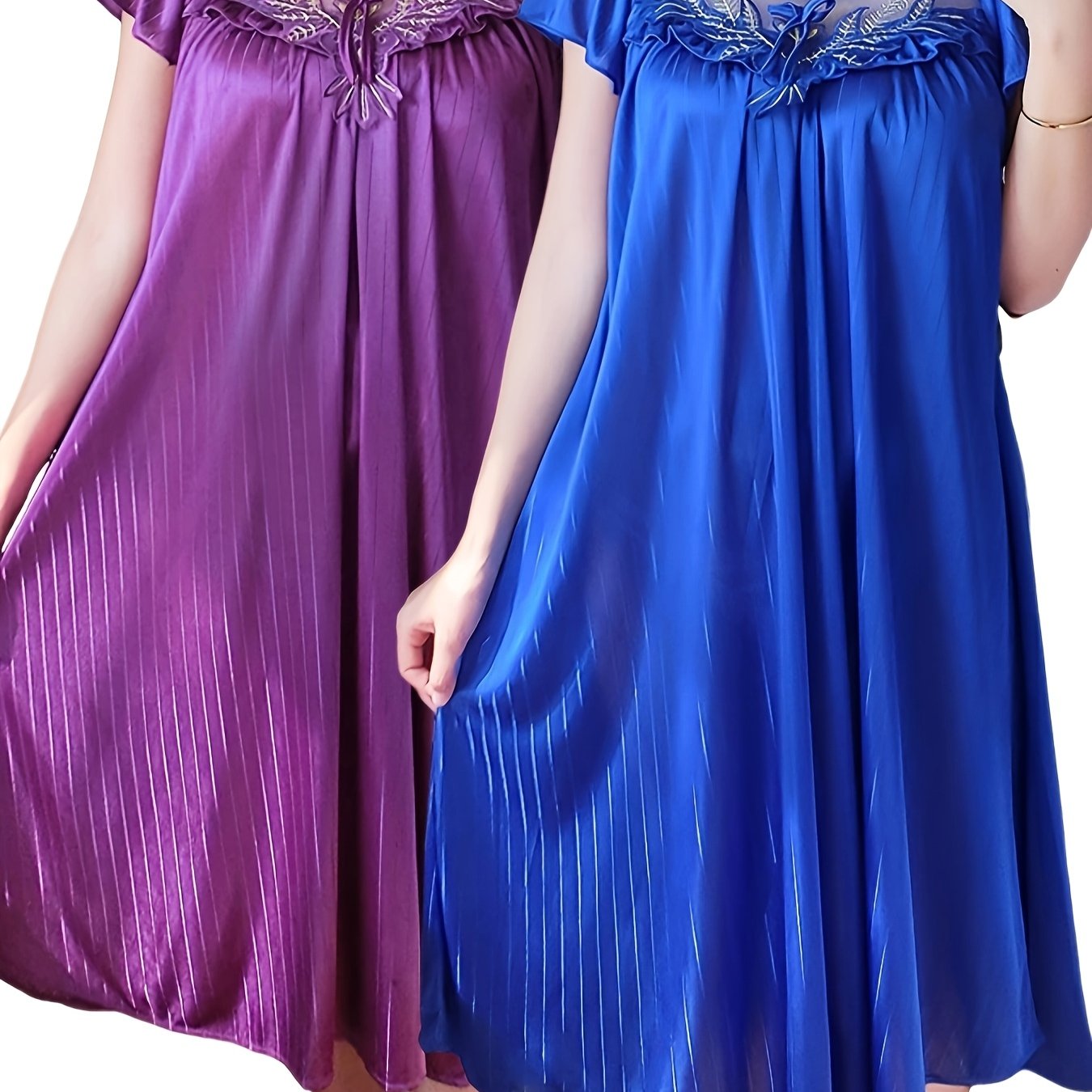 TEMU 2-pack Women's Sexy Lace Trim Short Sleeve Night Dresses, Solid Color Polyester 95%, Elastane 5%. Crew Neck Fabric Sleepwear, Spring/summer