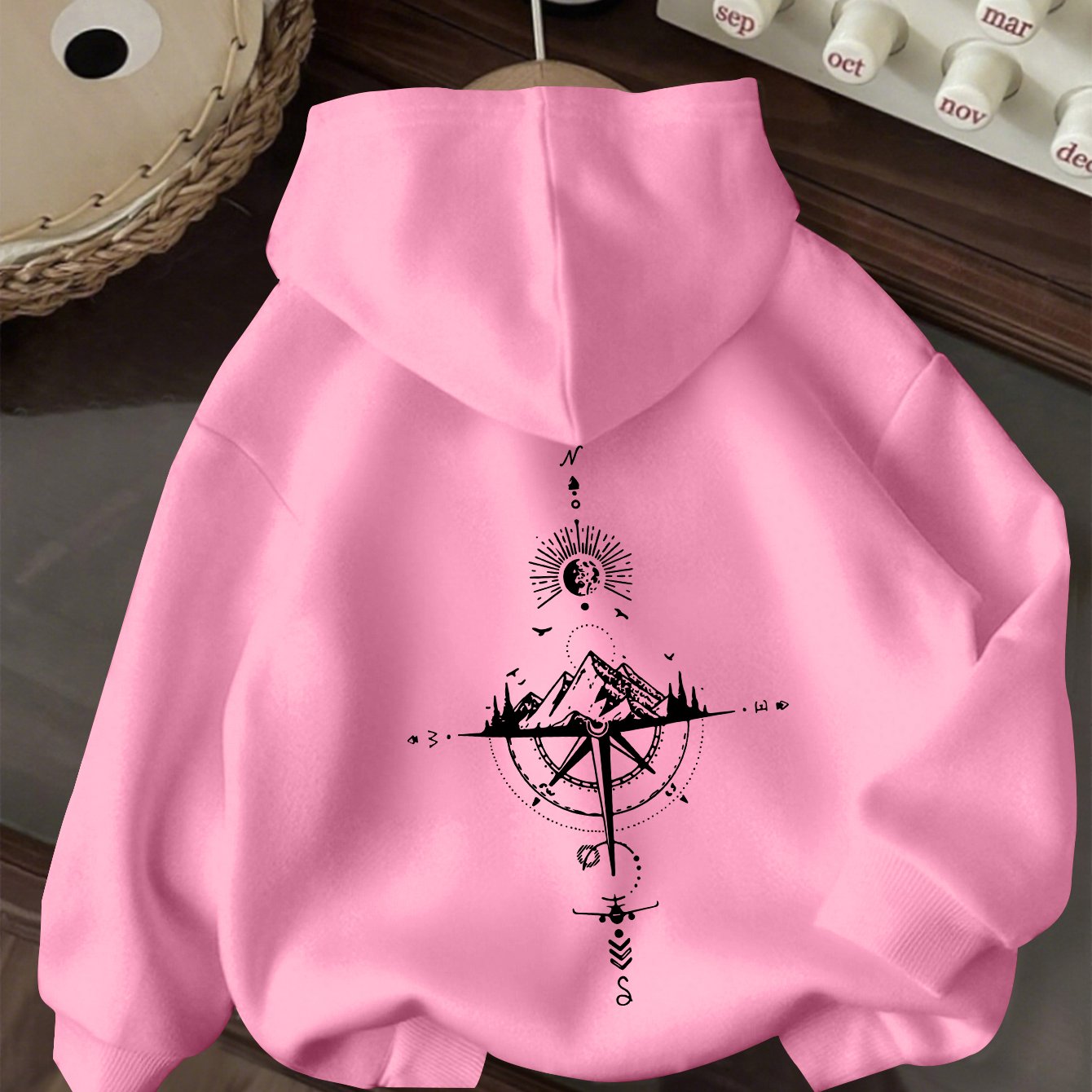 TEMU Y2k Casual Hoodie With Cartoon Minimalist Mountain Compass Print, Suitable For Teen Girls, Warm And Comfortable For Spring, Autumn, And Winter ,