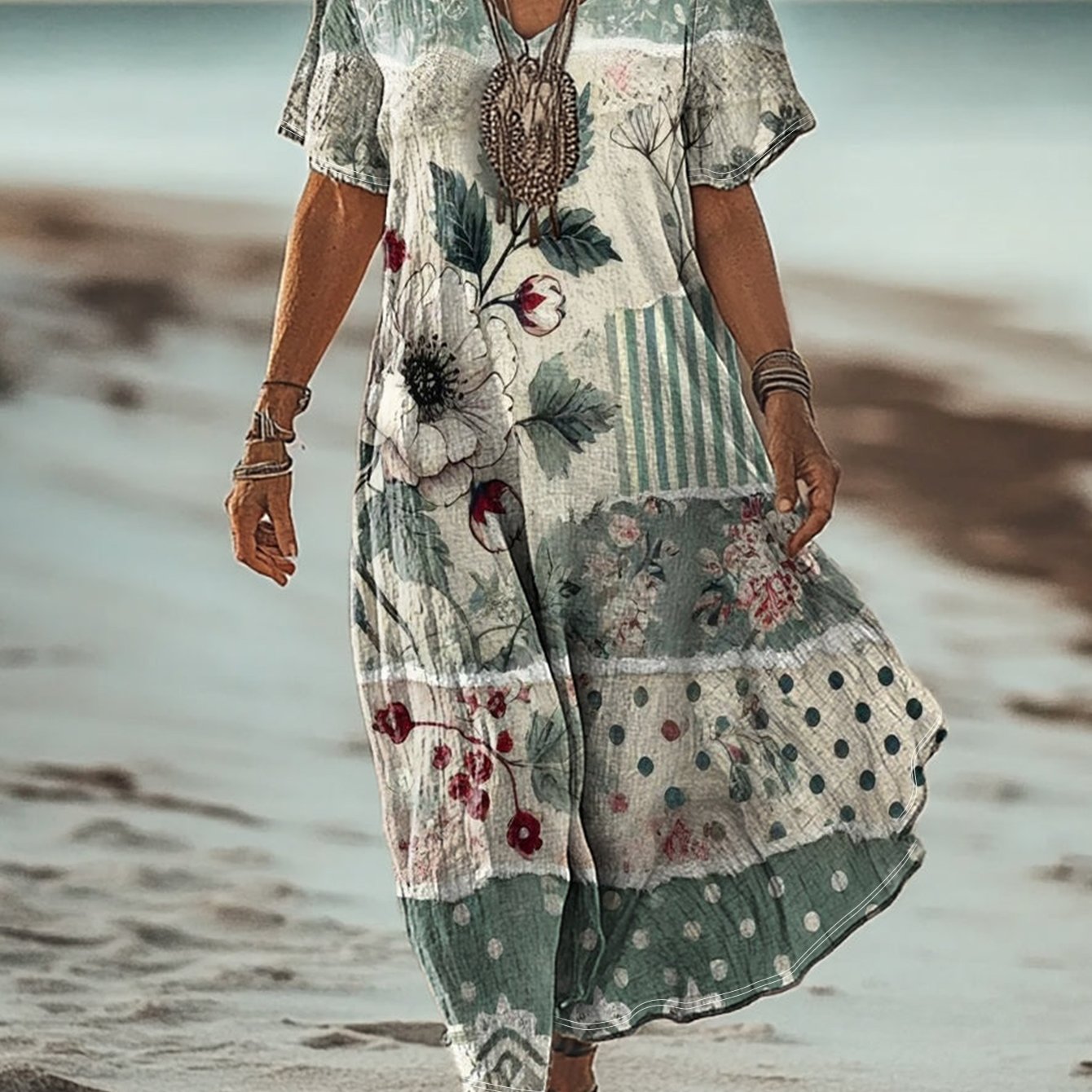 Image of Plus Size Women's Vintage Floral Polka Dot Print V-neck Short Sleeve Maxi Dress Summer Loose Casual Long Dress For Beach Vacation Boho Style