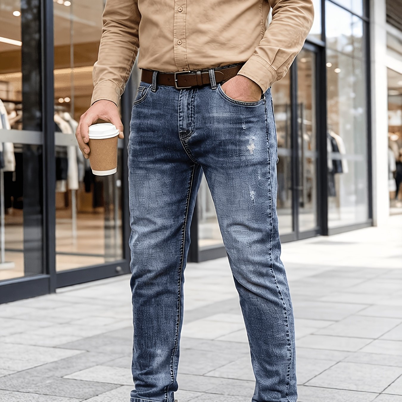 Image of Men's Casual Jeans, High-waisted Stretch Slim-fit Skinny Pants, Retro Washed , Suitable For , Retro Distressed Men's Long Pants, Casual And Versatile Everyday Men's Denim Long Pants