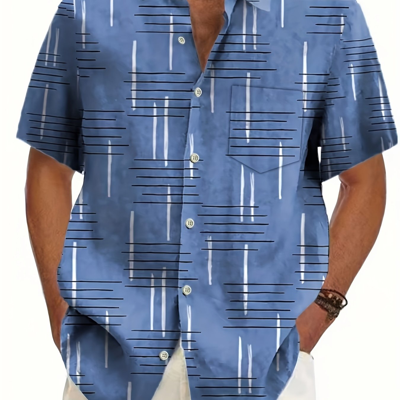 TEMU Men's Lightweight Button- Shirt - Tropical Print/vertical Stripe Pattern In Navy Blue - Non-stretch Fabric Suitable For Business Casual, Beach ,