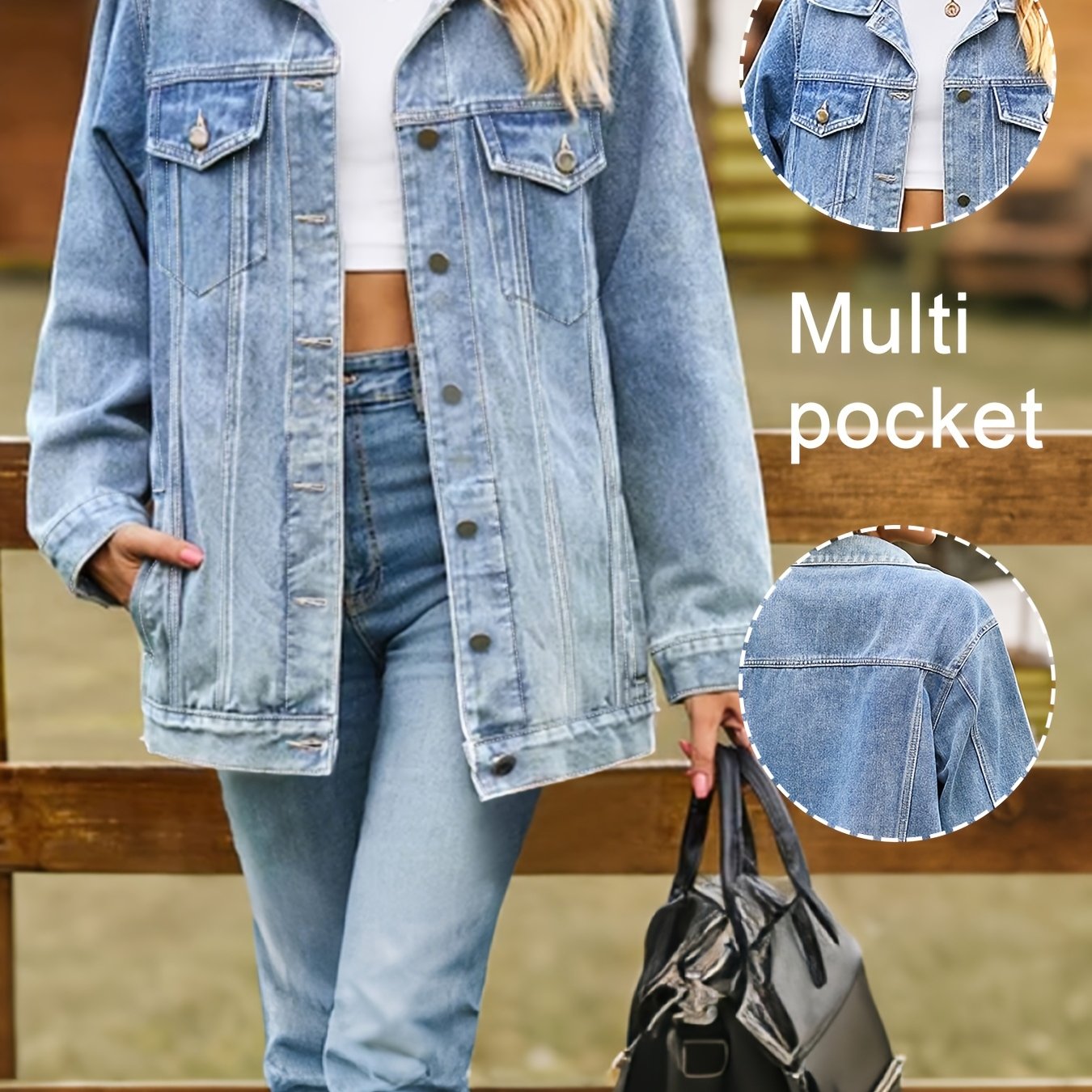 Plus Size Solid Color Flap Pocket Lapel Button- Jacket Street Casual Outing Comfortable Versatile Style Non-stretch Loose Fit Outerwear For And Commuting, Fall/winter Plus Size Denim Top
