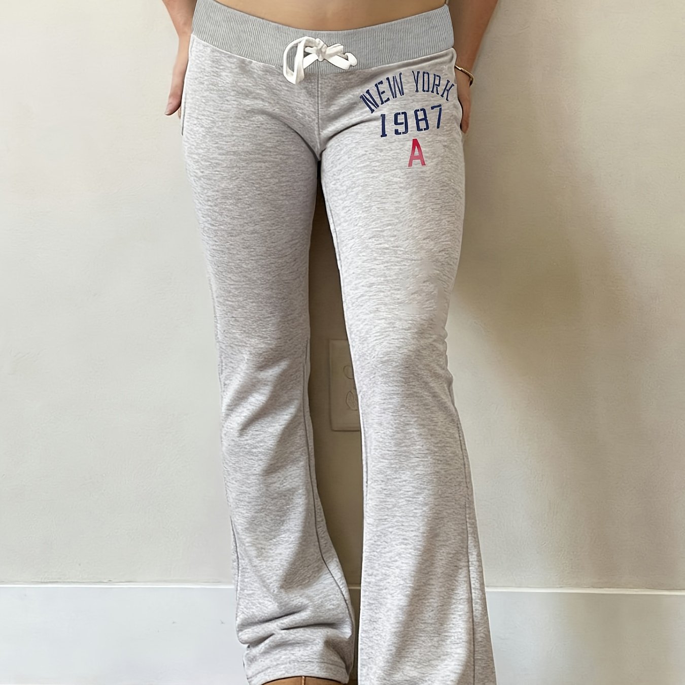 TEMU Pantalones acampanados de mujer SassyGals, estilo casual americano, con estampado de , cordón ajustable, cintura , ajuste entallado, largos tipo