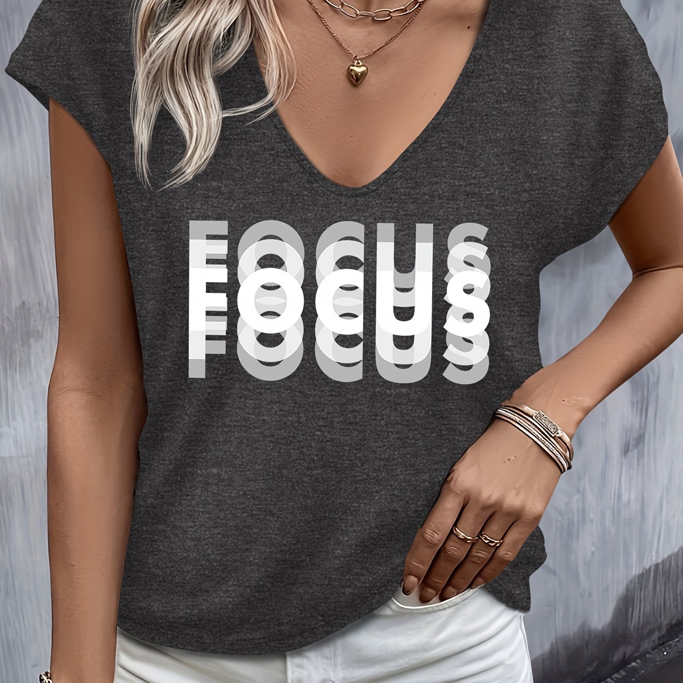 TEMU Women's V-neck Short-sleeve T-shirt With Focus Lettering Print - Spring Summer Casual Blouse, Medium-stretch V-collar Top, Short-sleeve Casual