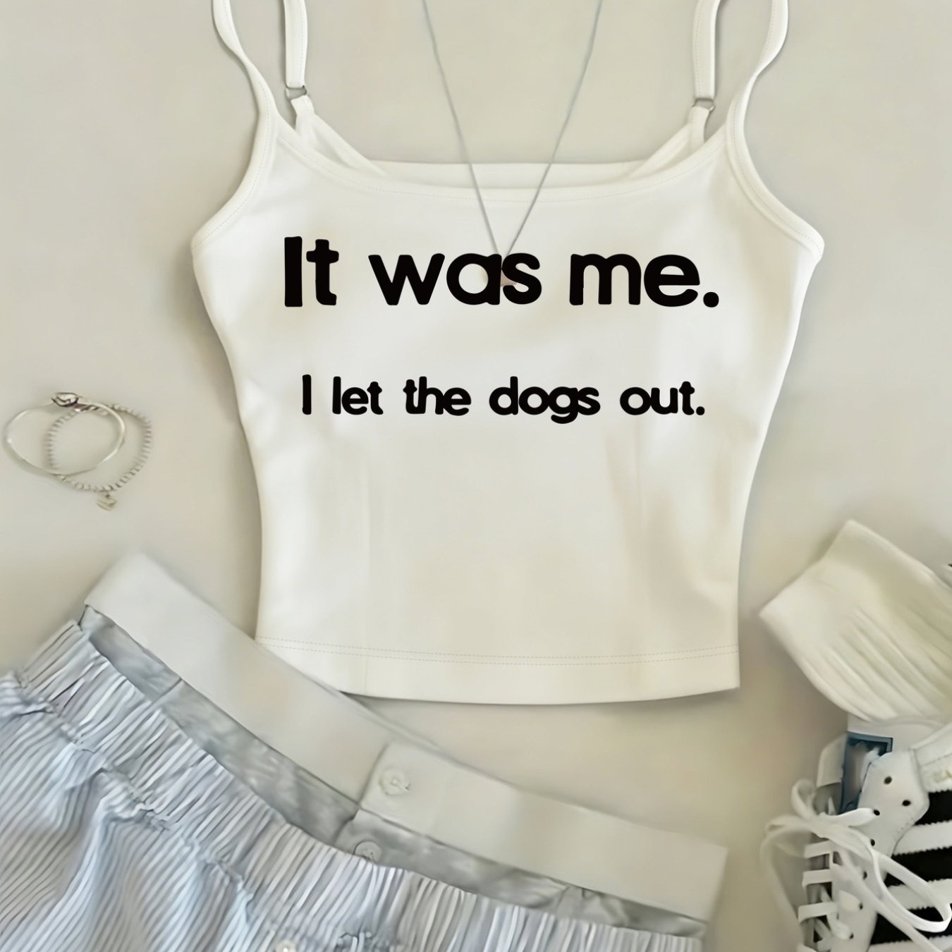 TEMU American-style Round Neck Camisole With "it Was Me, I Let Out" Print, Y2k Vintage Spicy Adjustable Thin Strap Cropped Cami Top, New Summer