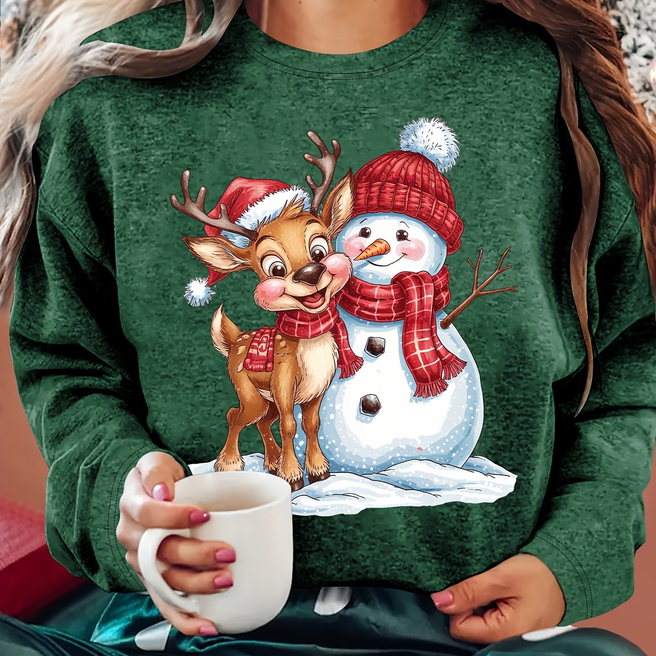 TEMU Women's Christmas Apparel Autumn Women's Clothing Snowman Reindeer Graphic Round Neck Long Sleeve T-shirt Comfortable Soft Fashionable Elegant