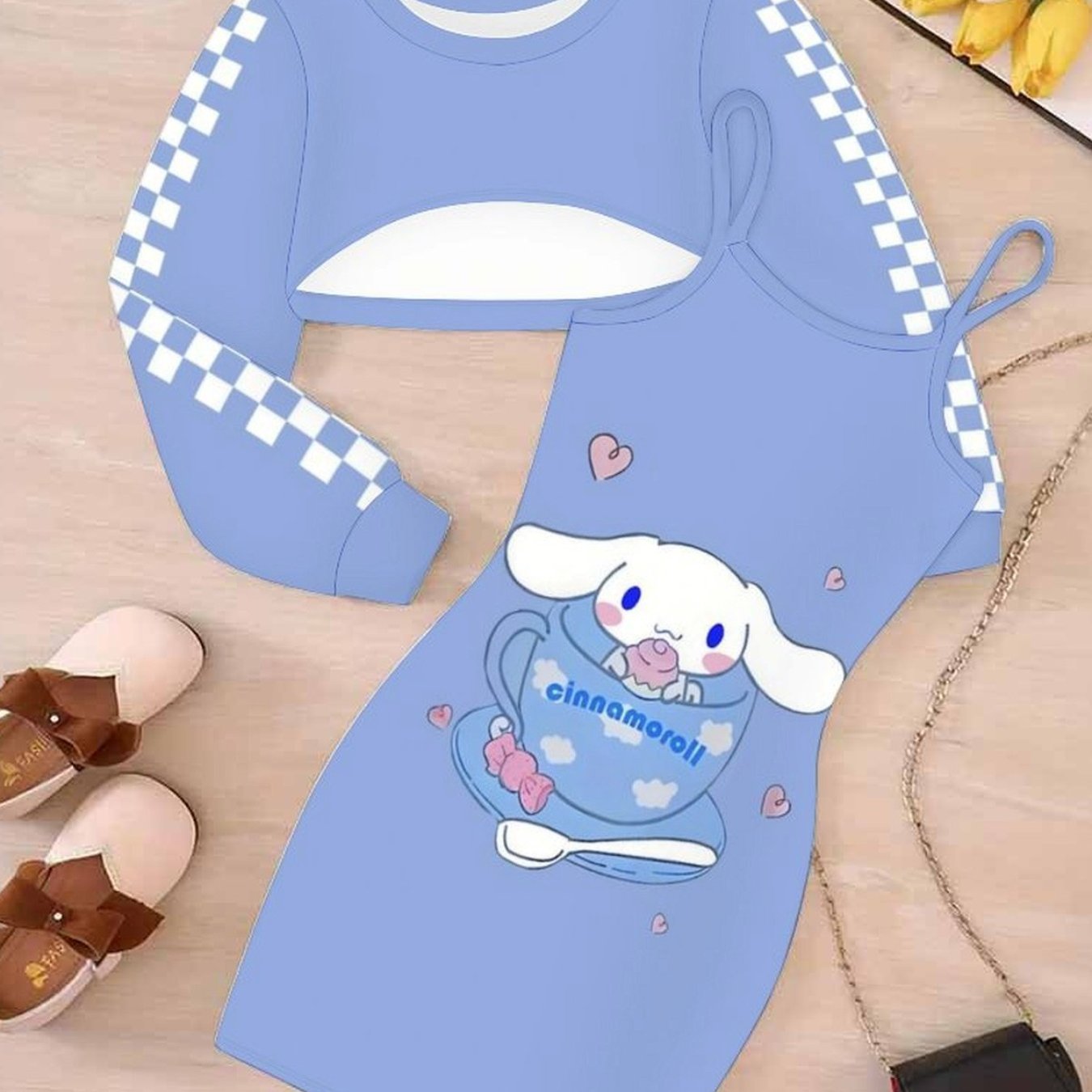 Girls' Clothing Set Casual Versatile Girl And Kuromi Pattern Print Cinnamoroll Long Sleeve Curved Top With Suspender Bodycon Skirt 2pcs Set