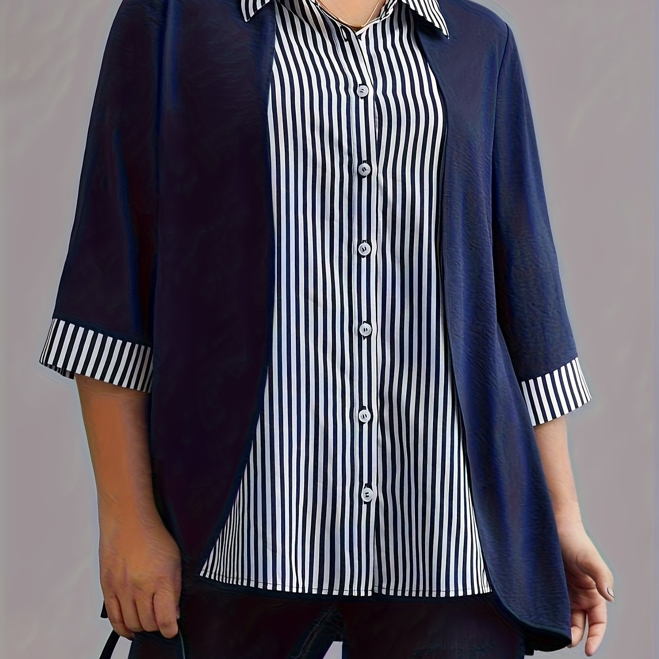 TEMU Plus Size - Women's Size Elegant Solid Striped Two-piece Design With Buttons And Lapel, 3/4 Sleeve Top, Suitable For Spring/summer