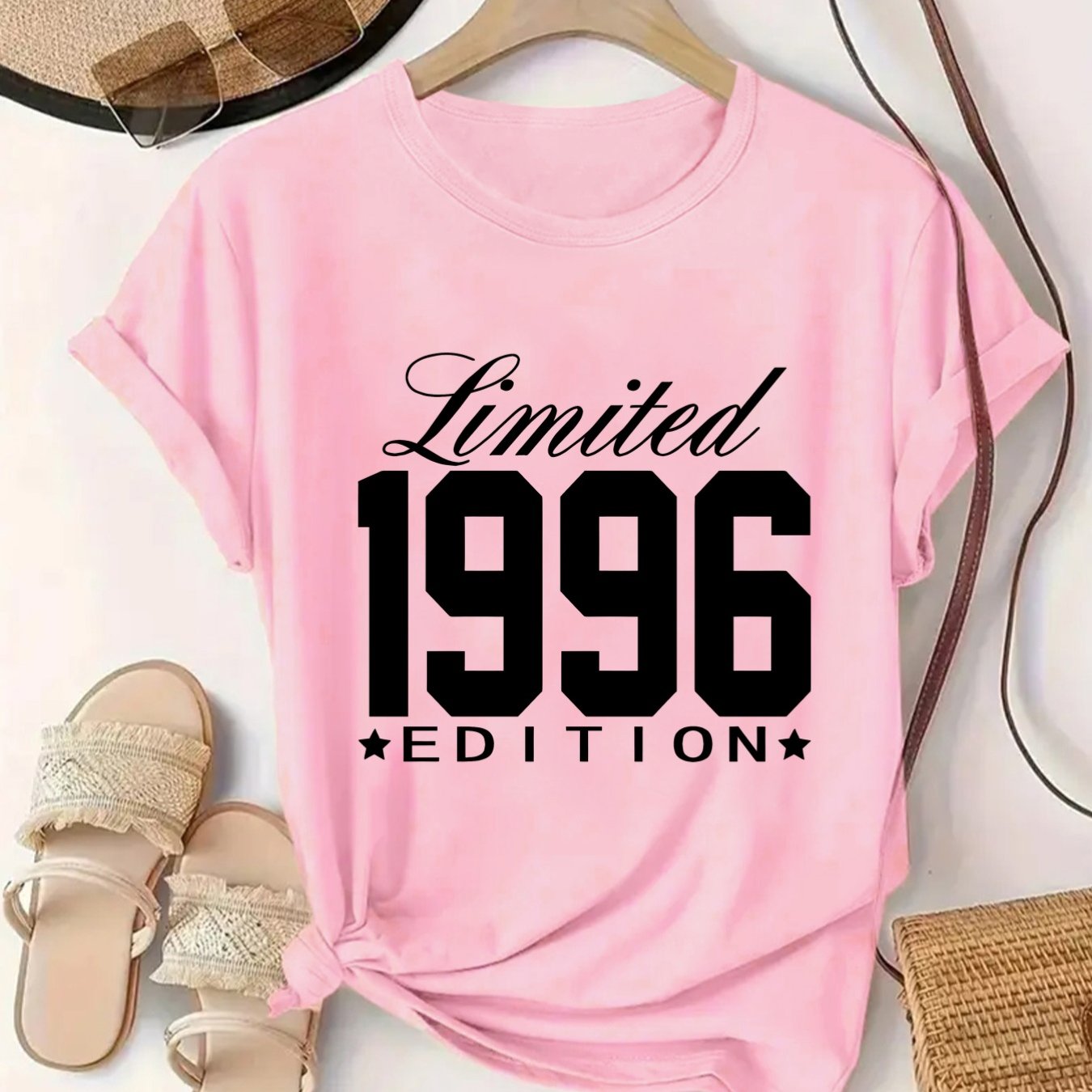 TEMU Classic Vintage 1996 Edition Print Design, Pattern Print, Casual Neck Short Sleeve Fashion Sporty -shirt, Women's Comfortable Top