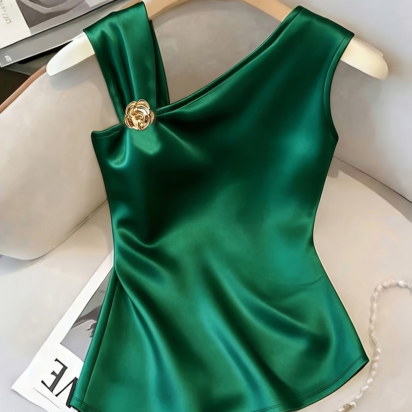 TEMU Women's Elegant Asymmetrical Shoulder Textured Fabric Rose Flower Decor Button Statement Vest Top