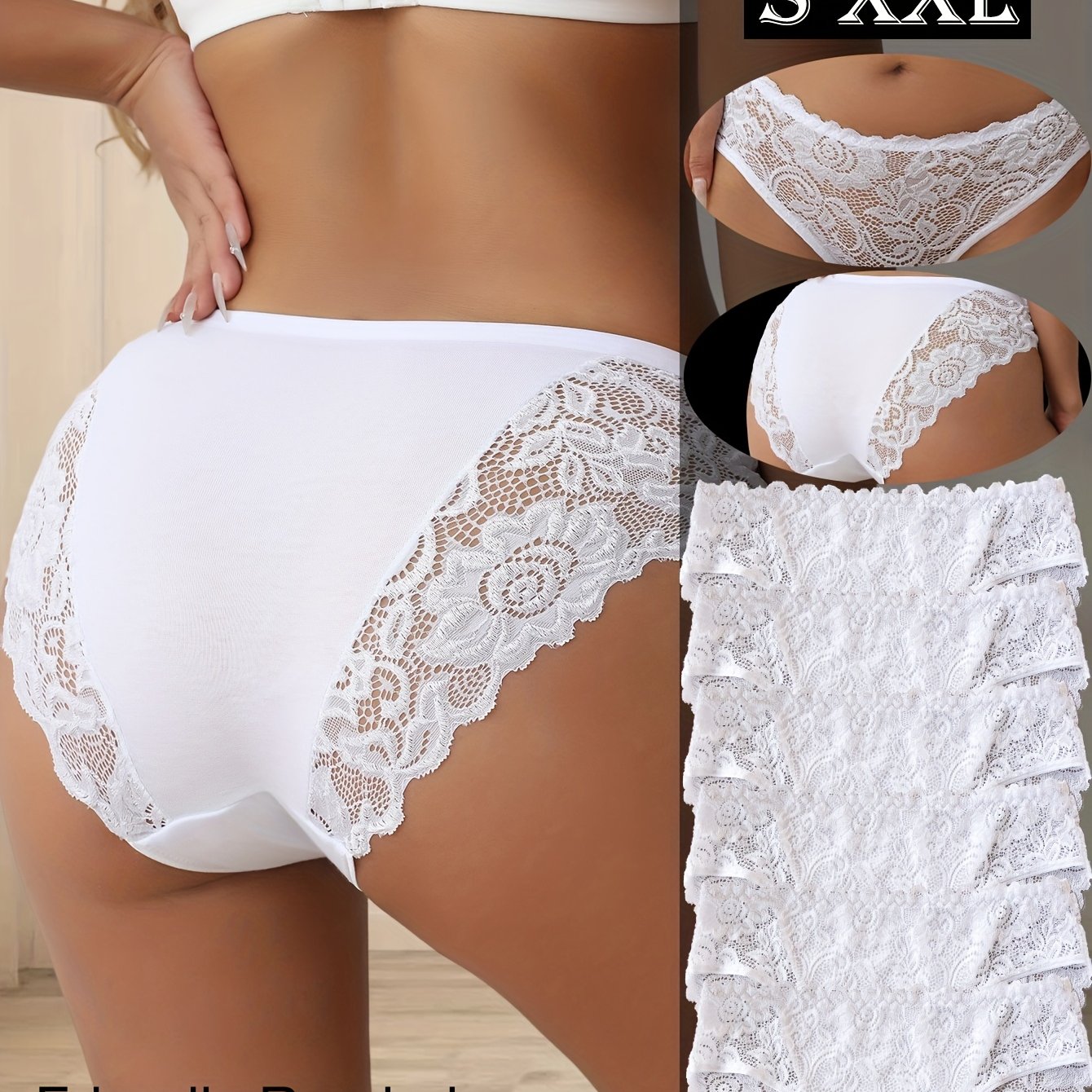 Image of Yincoco 6pcs White Women's Lace Trim Briefs, Mid-rise Fabric Underwear, , Sexy With Contrast Lace Detail