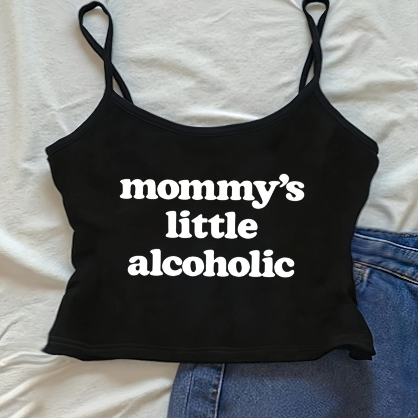 TEMU Mini Cami, Little Alcoholic English Letter Print Pattern Individual Clavicle Line Accent Body-revealing Casual Outing Date Clubbing Party