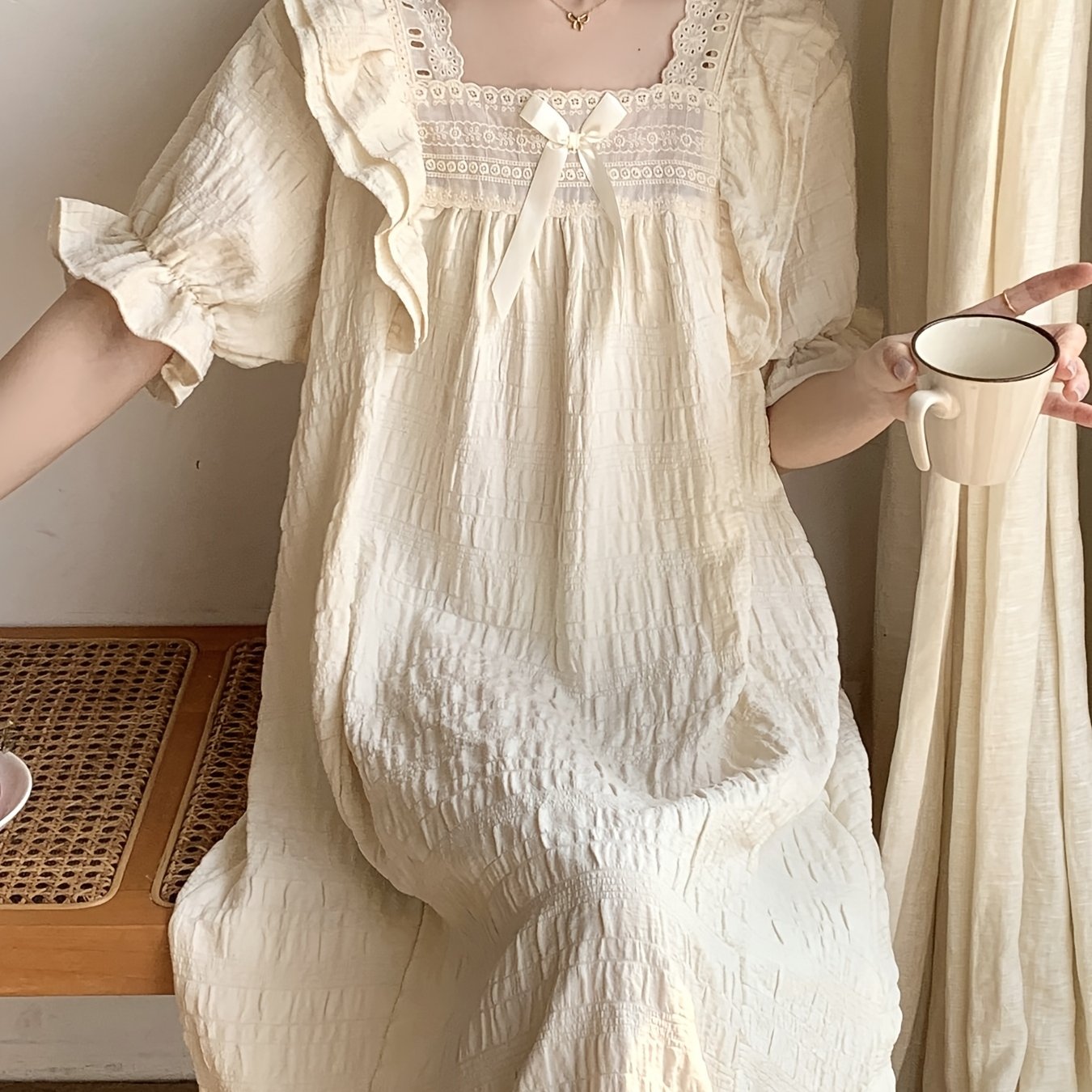 TEMU プリンセススタイル 半袖ナイトガウン 女性用 夏用 バブルフリル かわいい カラー レーストリム 着られるホームローブ