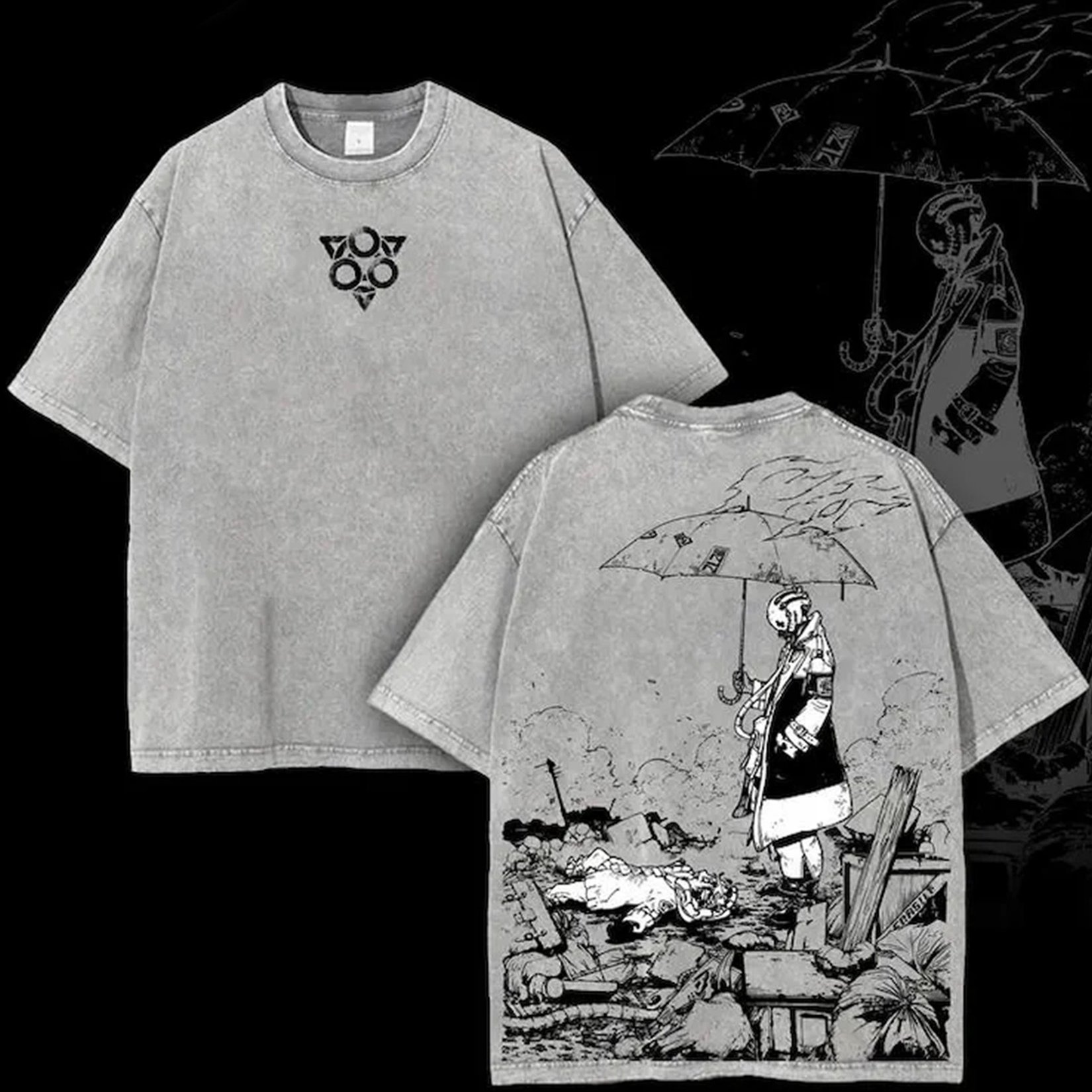 Image of Anime Patterned Print Washed T-shirt, 230g Solid Color Round Neck Short Sleeve Washed T-shirt, Men's Casual Vintage T-shirt, Stylish Washed Vintage Batik High-quality Pure T-shirt