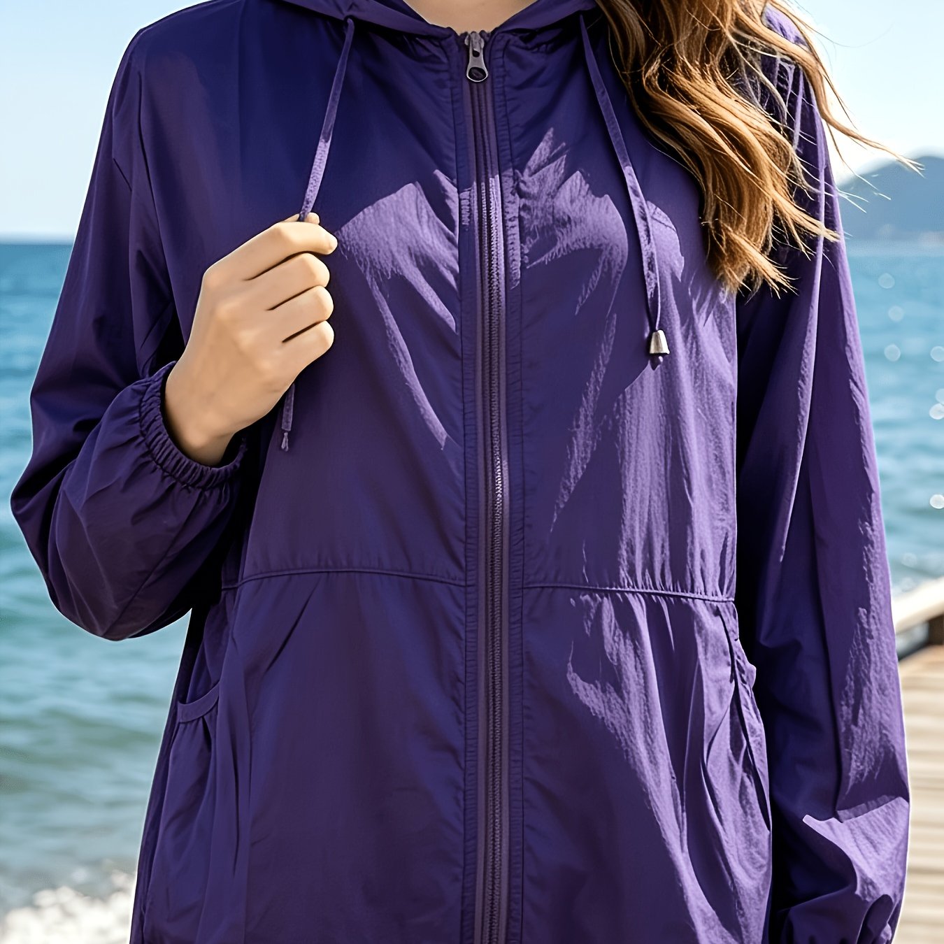 TEMU Gentle Style Solid Color Sunscreen Top, Breathable Fabric, Whitening Lavender Hue Hooded Blouse, Neck-modifying Off-shoulder Wide Sleeve