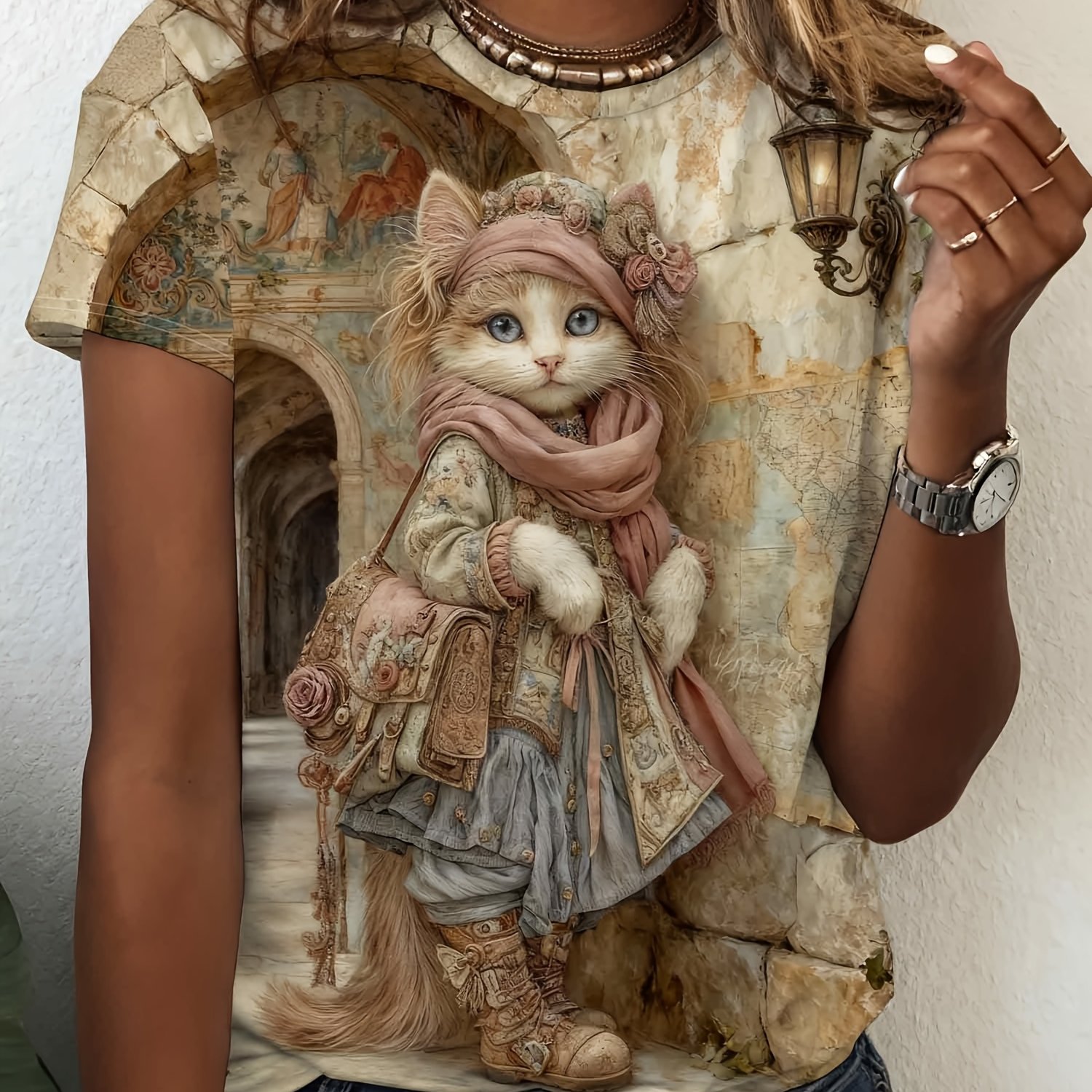 TEMU T-shirt Vintage Style Cour « Chat et » pour Femme à Manches Courtes, Haut Imprimé Texture Peinture à l'Huile, Style et Polyvalent avec un Chat
