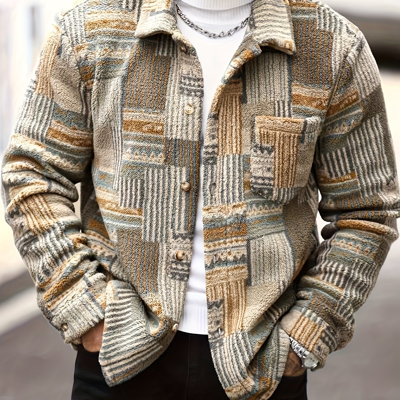 Image of Men's Geometric Pattern Long-sleeved Single-breasted Pocket Casual Fleece Jacket, Suitable For Autumn And Jacket, Men's Retro Jacket, Men's Plaid Flannel Shirt