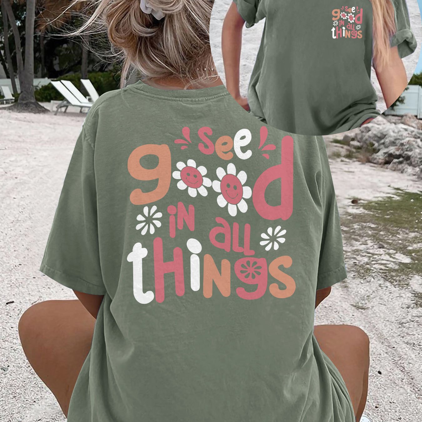 Image of Women's Relaxed Neck T-shirt Dress With "see Good In All Things" Floral Letter Print - Lightweight 180gsm Casual Short Sleeve Dress For