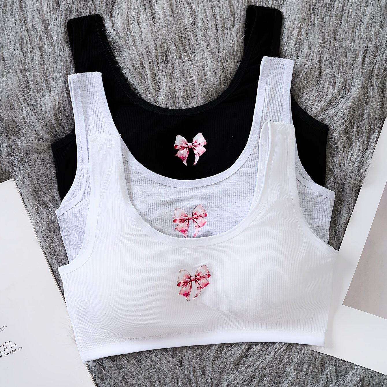 3pcs Set Of Girls' Bras, Underwear, Non-removable Fixed Cup With Threaded Comfortable Wide Straps