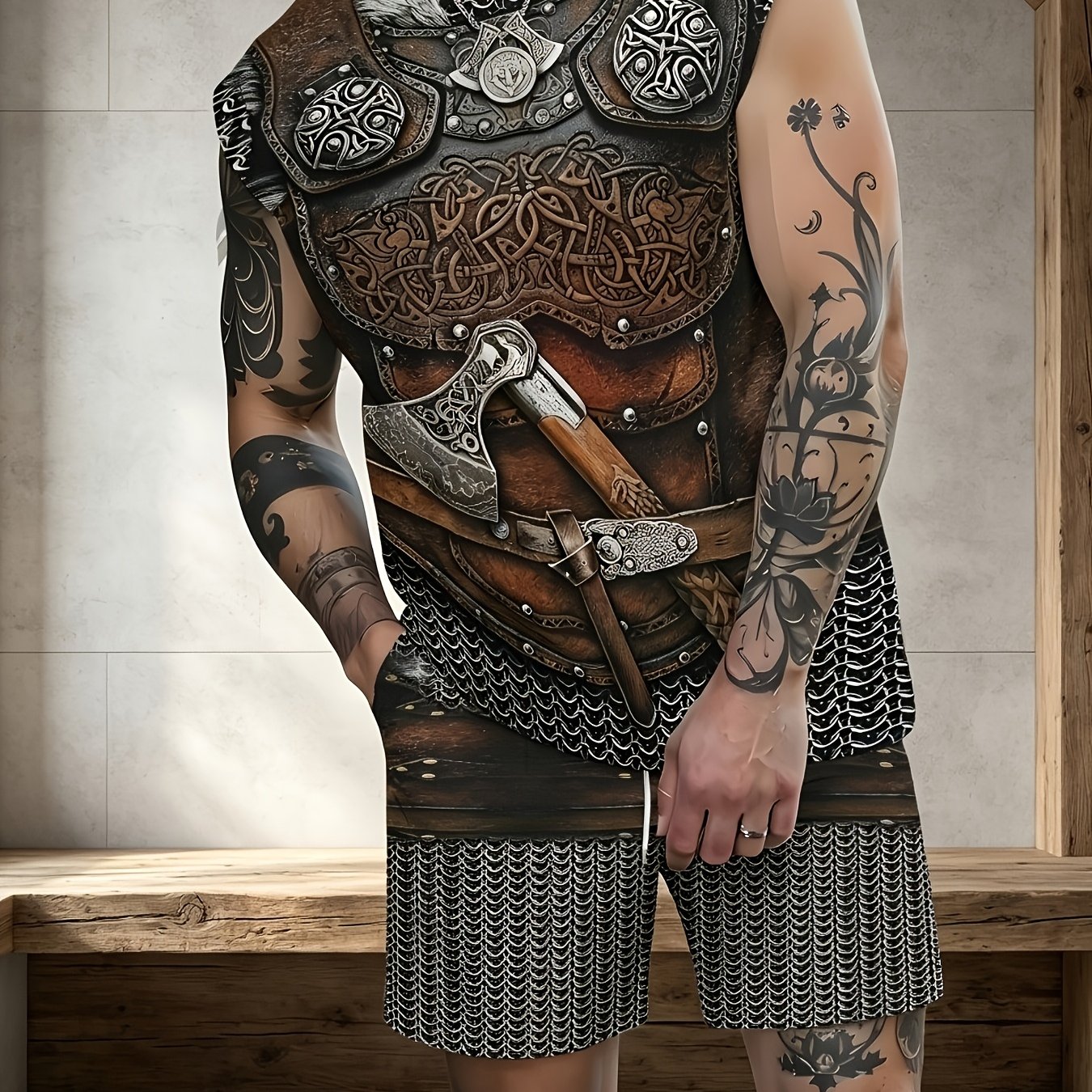 TEMU Vintage Viking Armor Print Sleeveless Tank Top And Shorts Set For Men, Perfect For Streetwear And Casual Sports Outfits