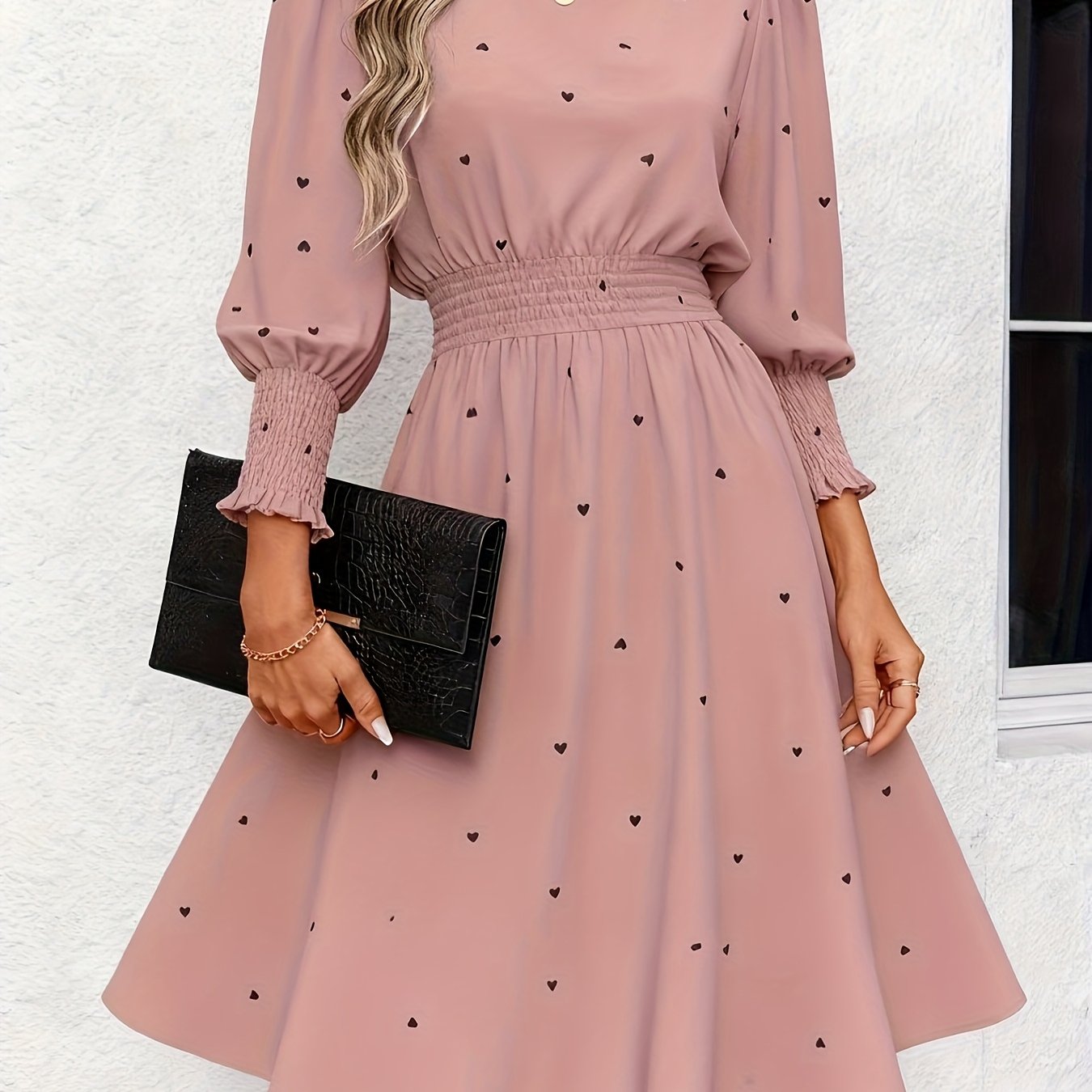 E-shop Vintage Herz- Pendler Style Rundhals Rüschen-Bubble-Ärmel Damenkleid