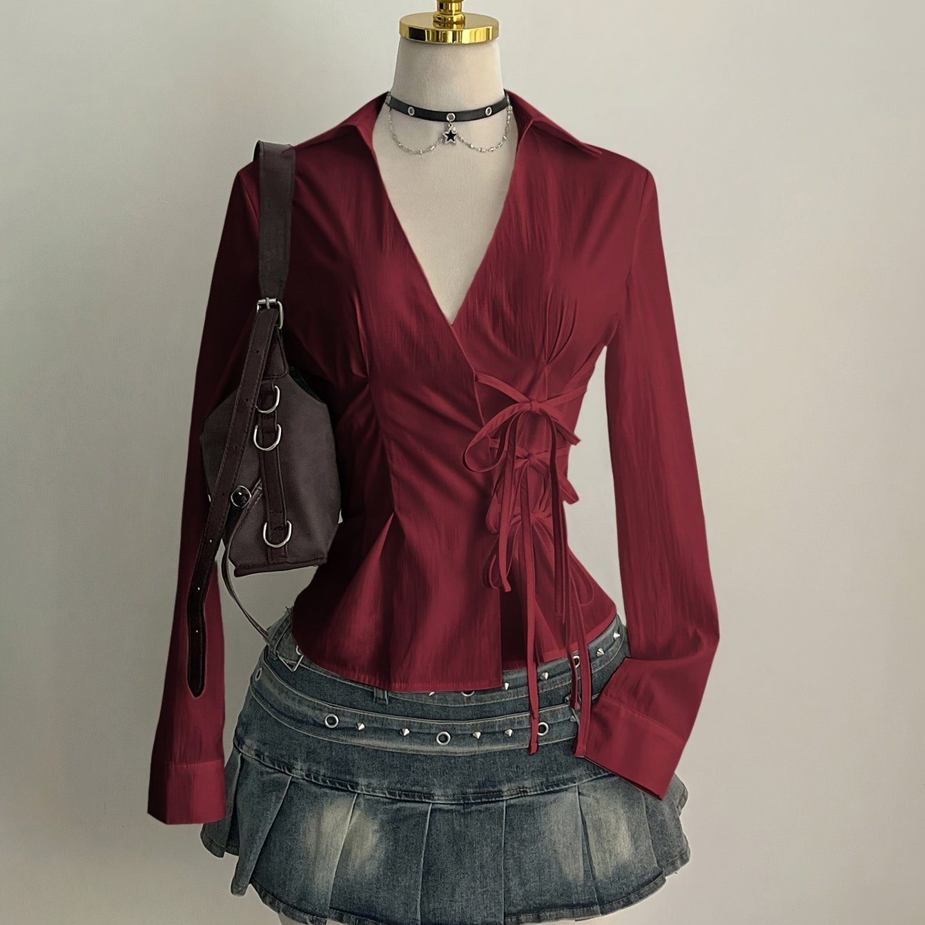E-shop Elegantes, unregelmäßig tailliertes Oberteil für Damen, langärmeliges Hemd mit Bindeband vorne, Modell-Nr. ZD251223016#95117#