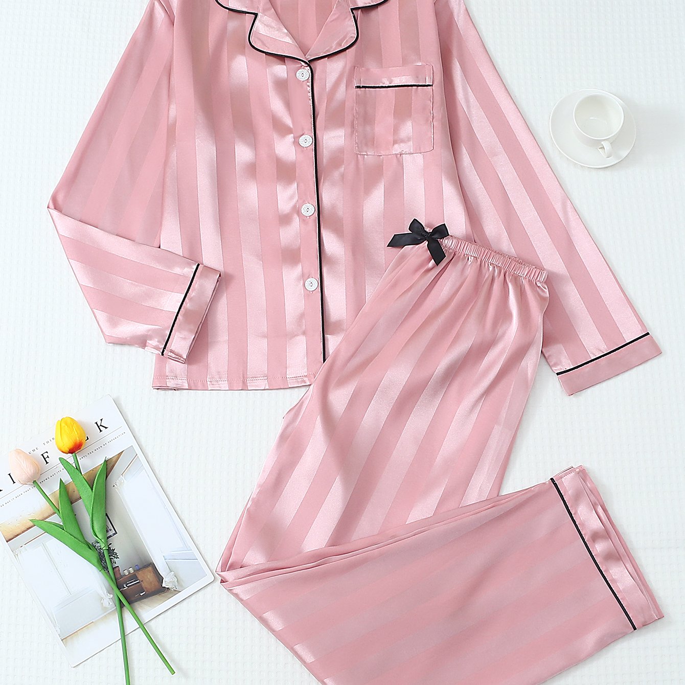 TEMU Youth Bean Paste Pink Striped Long Sleeve Pants Pajama Set For Home Use, For Teenager
