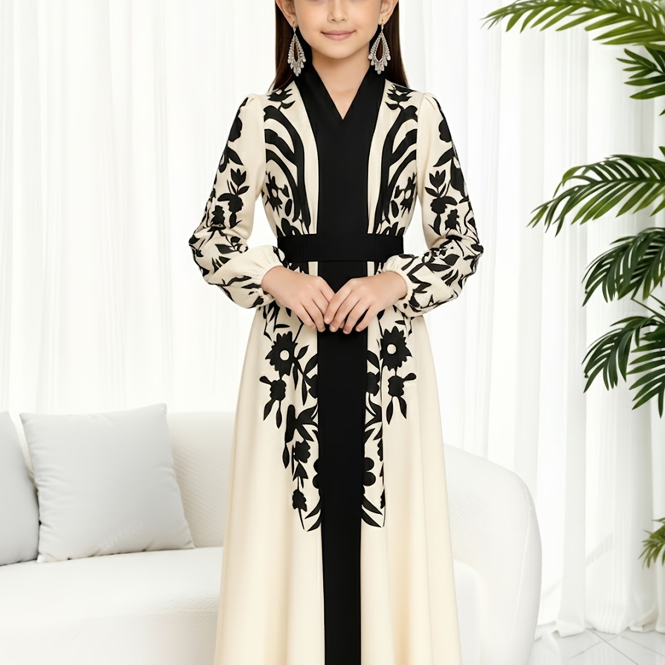 Image of Girls' Ramadan Festival Long Dress, Middle Eastern -block Long Sleeve Dress, Loose Fit Slimming Cover-friendly, Suitable For Eid Gatherings And , Autumn Essentials