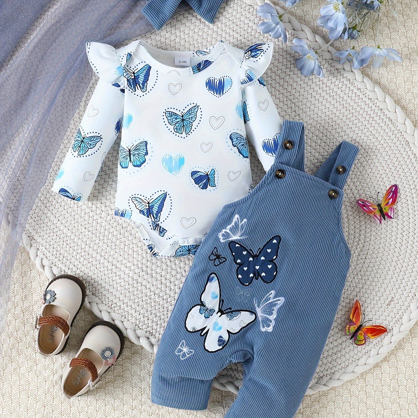 Image of Developed 3-piece Set: Long-sleeve And Heart Print Flutter-sleeve Romper + Ribbed Embroidery Adjustable Slim-fit Overalls + Blue Headscarf, Perfect For Outdoor