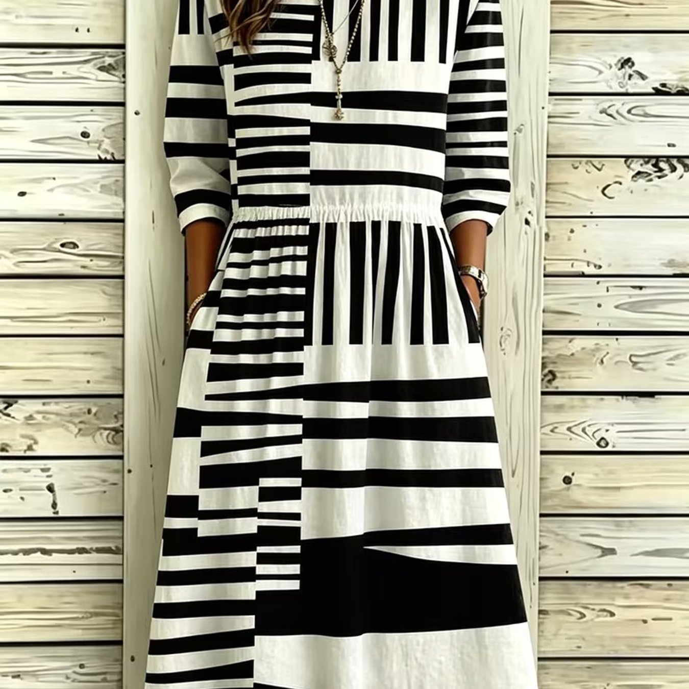 Plus Size - Black White Geometric Spliced Irregular Stripe -friendly Plus Size Women's 3/4 Sleeve Loose Midi Dress