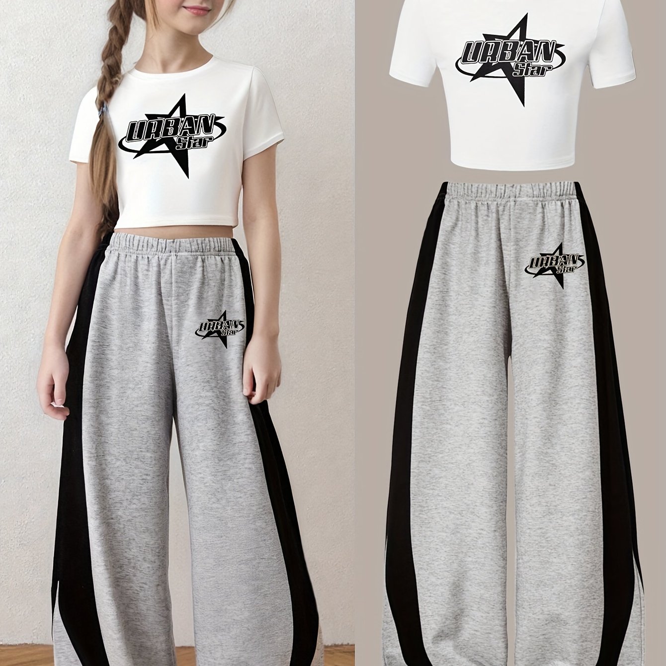 TEMU Kleding voor tienermeisjes: Nieuwe herfst/winter 2-delige casual set voor meisjes en jonge tieners, met een T-shirt met sterren- en letterprint