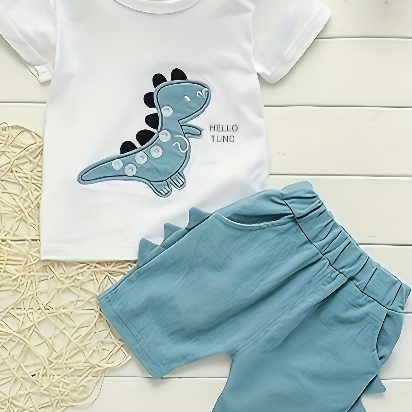 Image of Summer Casual Fashion Two-piece Set For Boys Featuring A Dinosaur Print Short-sleeve Shirt And Solid Color Shorts, For Outdoor