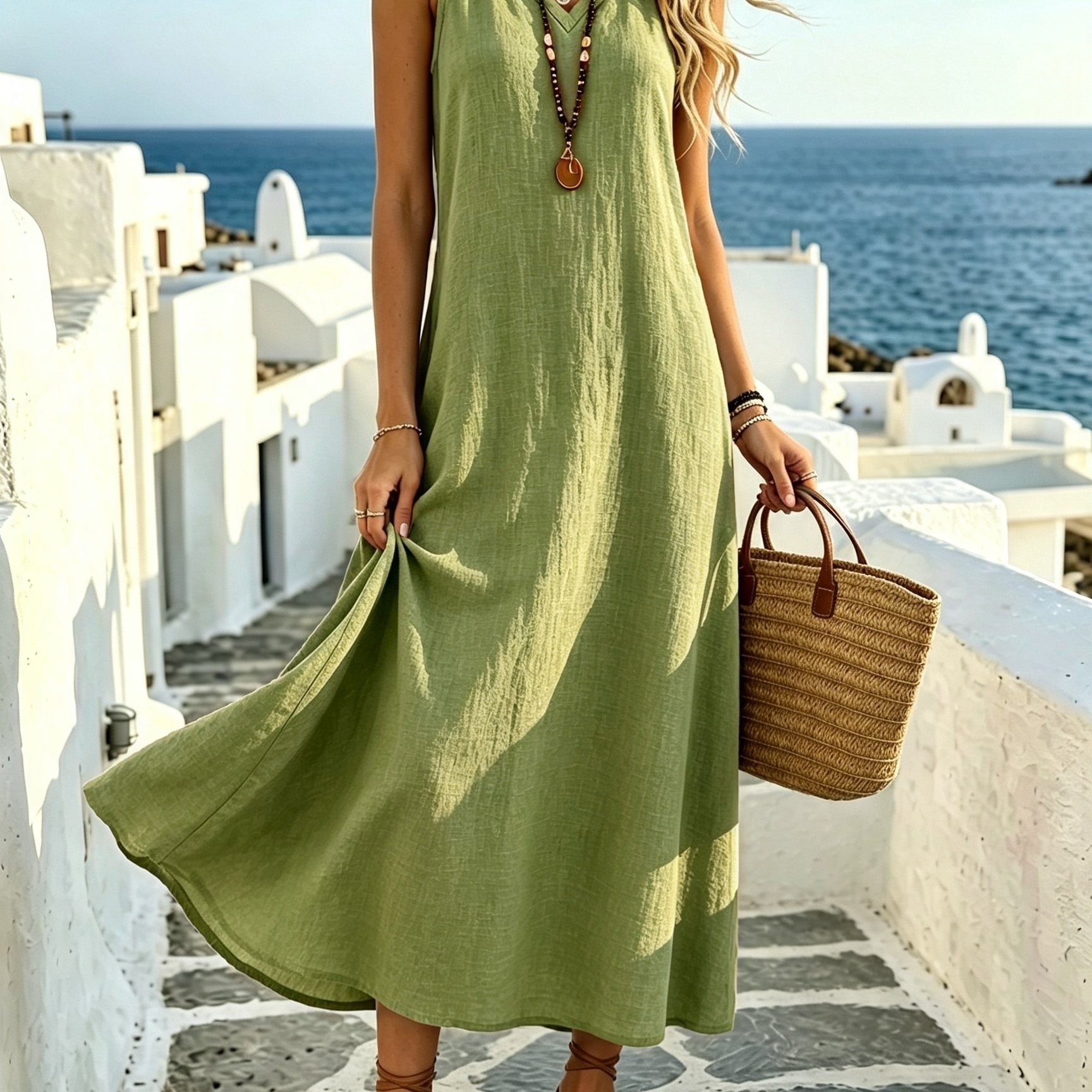 TEMU Spring And Summer Women's V-neck Sleeveless Solid Color Casual Loose Comfortable Dress Long Women's Clothing, European And V-neck Sleeveless,