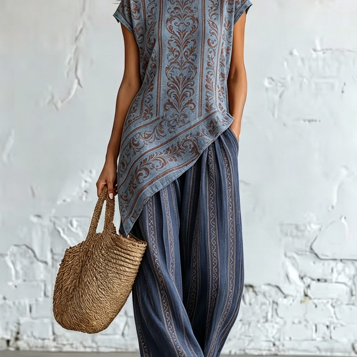 Women's Crew Neck Irregular Hem Top And Pants Two-piece Set | Casual, Elegant, And Minimalist , Easy, , And Fashionable. Ideal For Daily And Casual Vacations And Summer