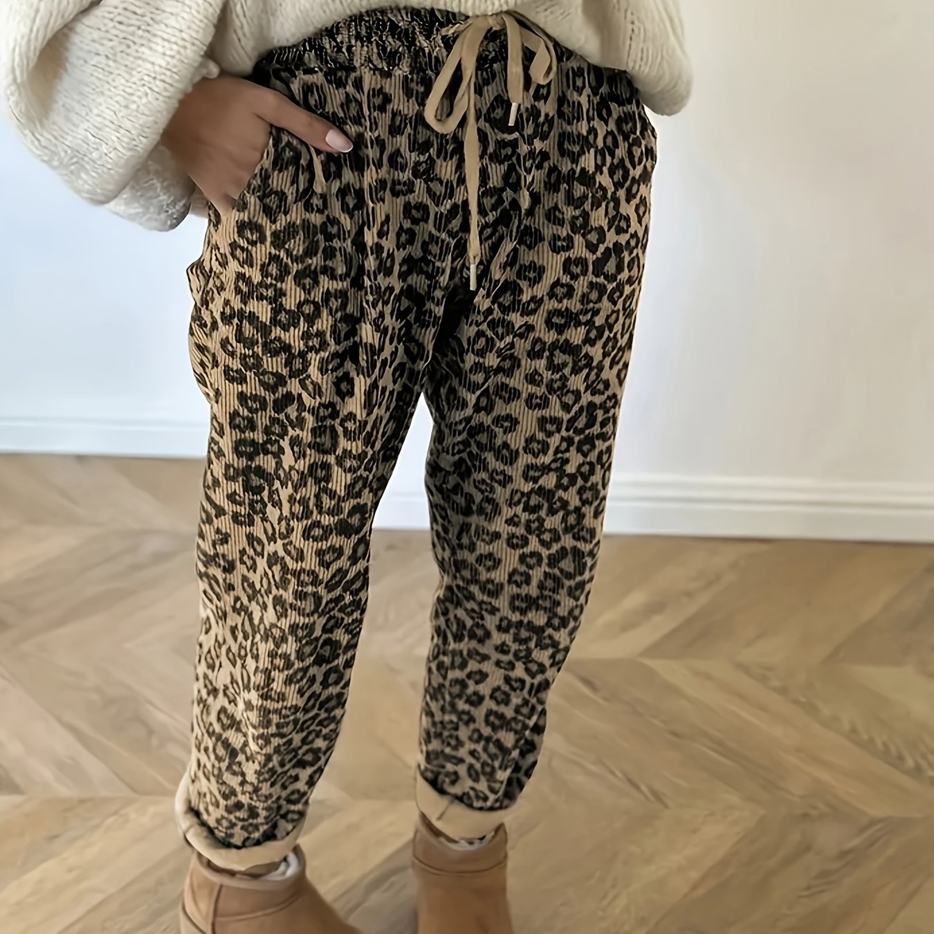 TEMU Barcode Women's Clothing Corduroy Leopard Print Printed Long Pants, Women's Casual All-match Tapered Trousers