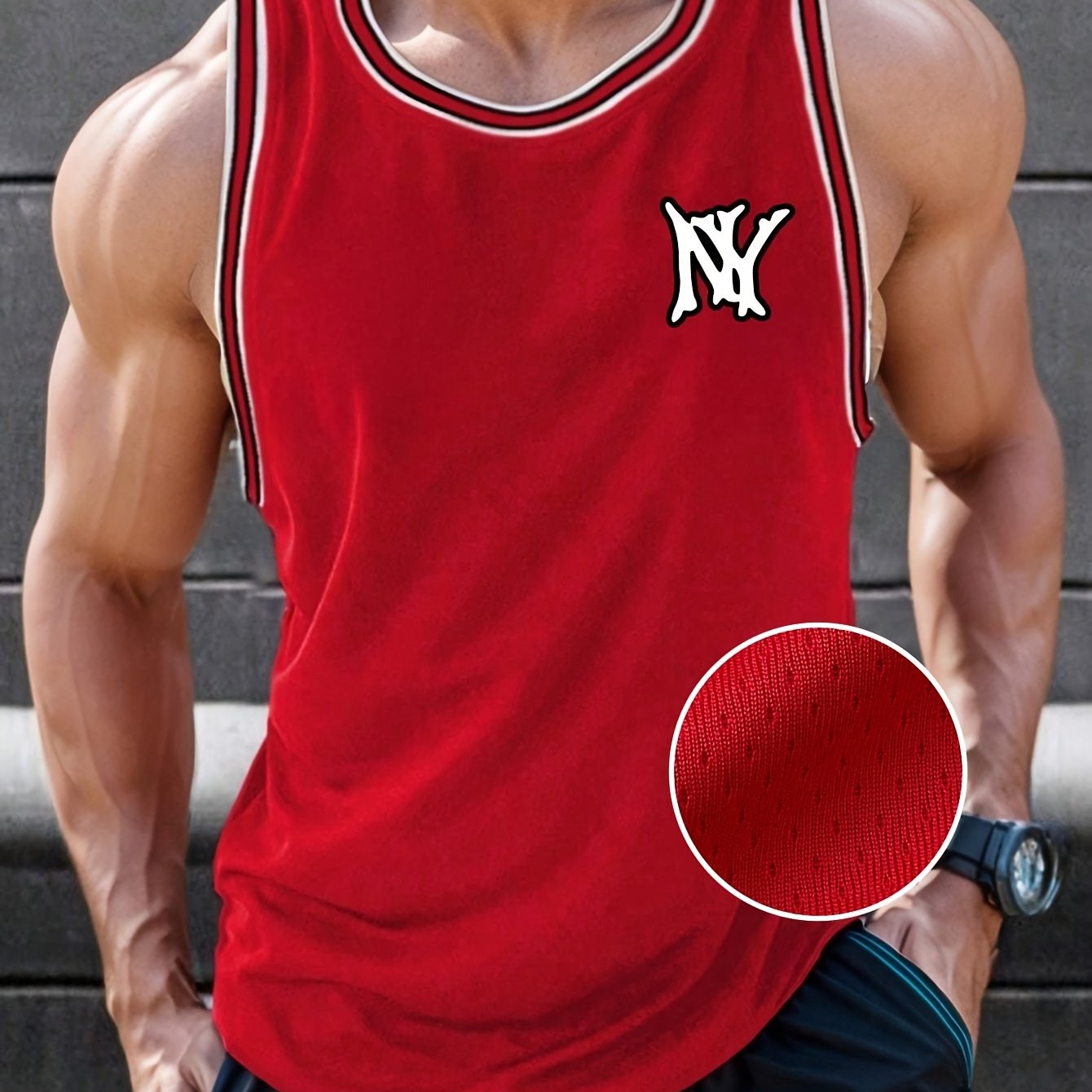 TEMU Men's Printed Basketball Red V-neck Turtleneck With Pattern, Color-contrasting Sleeveless Blouse, Easy And , Suitable For Daily Basketball
