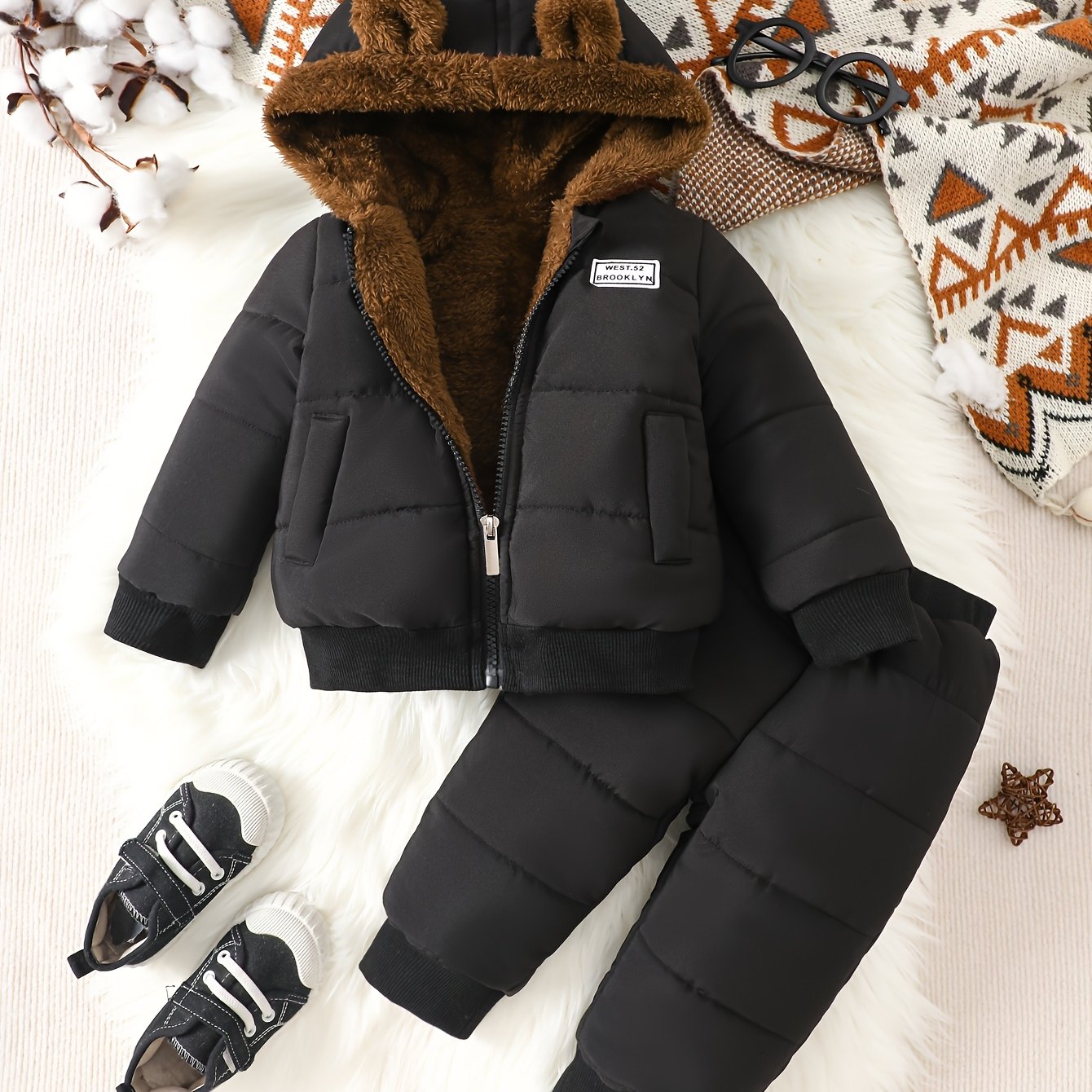 Image of 1 Set Children's Baby Winter Lining Zipper Puppy Design Hooded Top And Lining Long Pants Set, Fake Pockets, Ear Design, Clothes, Children's Baby Winter, Suitable For Outdoor, Set, Christmas, Halloween