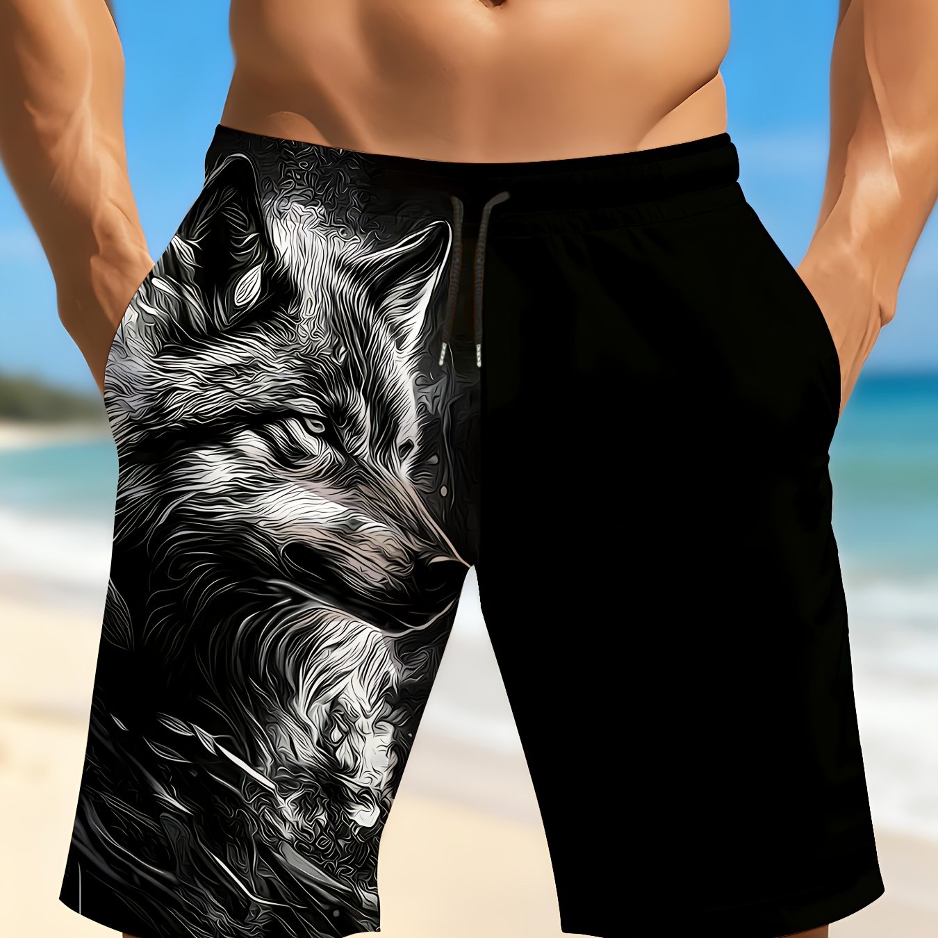 E-shop Herren schnelltrocknende Badeshorts mit Tier-Wolf-Druck-Design – Leichte Strandshorts mit Kordelzug Tasche zum Surfen, Schwimmen, für den Urlaub
