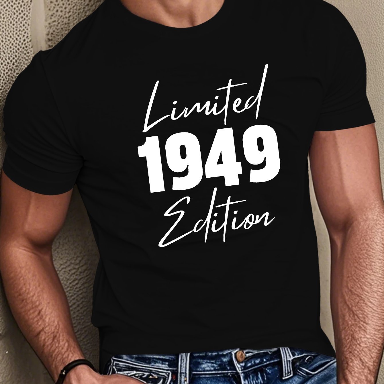 TEMU Linited Men's 1949 Edition Short Sleeve T-shirt - Vintage Print Round Neck Casual Summer Top, Machine Washable Retro Branding Tee For Casual