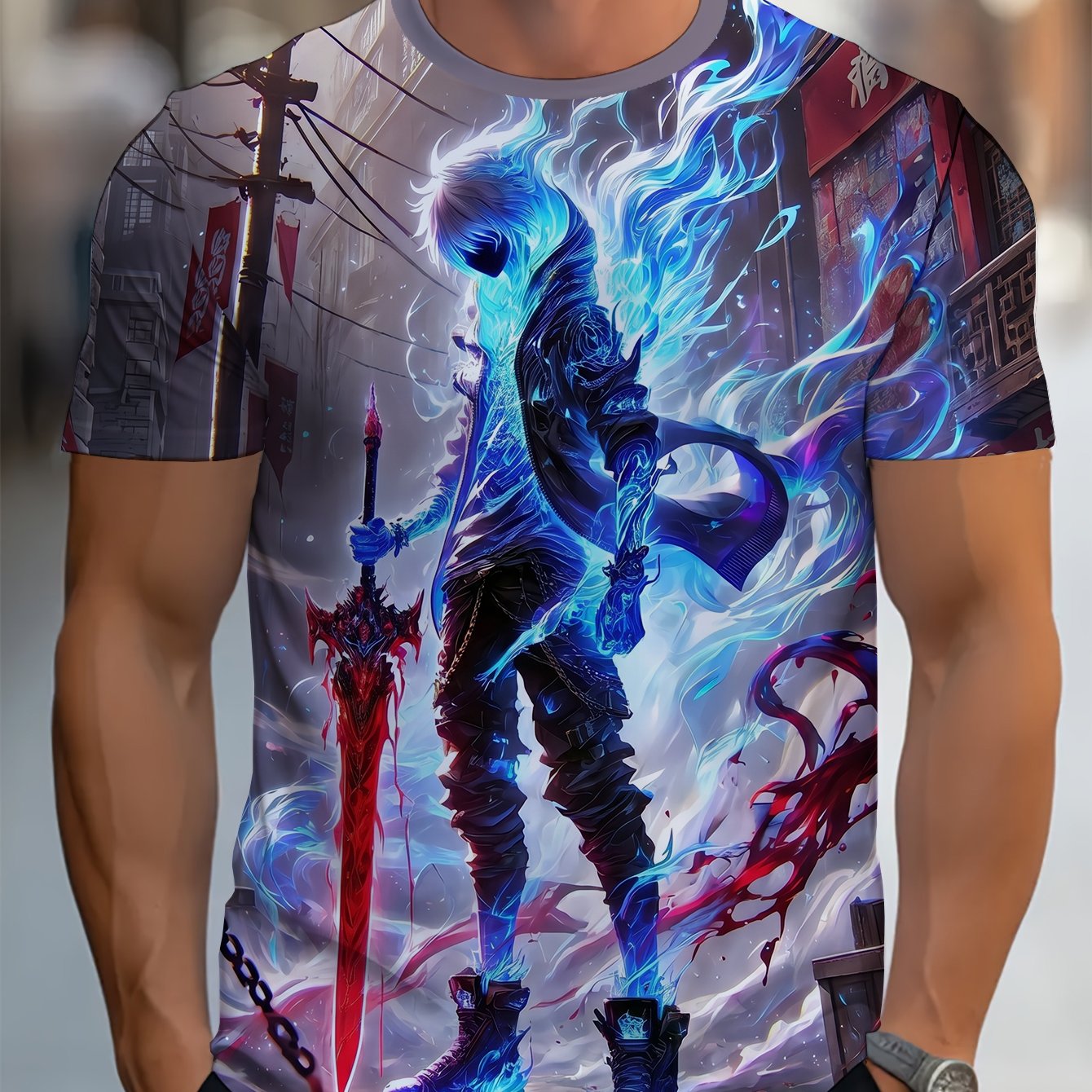 TEMU Summer Men's Short Sleeve, Blue Flame Print, Dark Trendy Individual Top, Plus Size