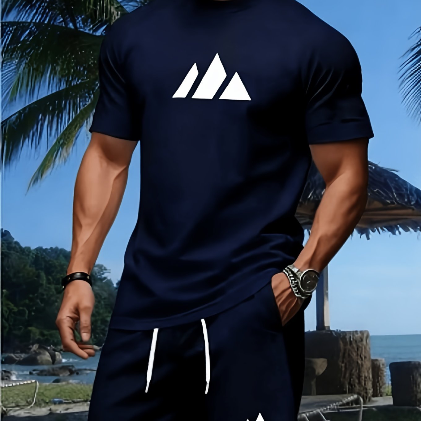 TEMU 2pcs Set, Mesh Short-sleeve Crewneck Suit, Fashionable Triangle Print, Fresh And Breathable, Lightweight For Sports, Sweat-absorbent Material,