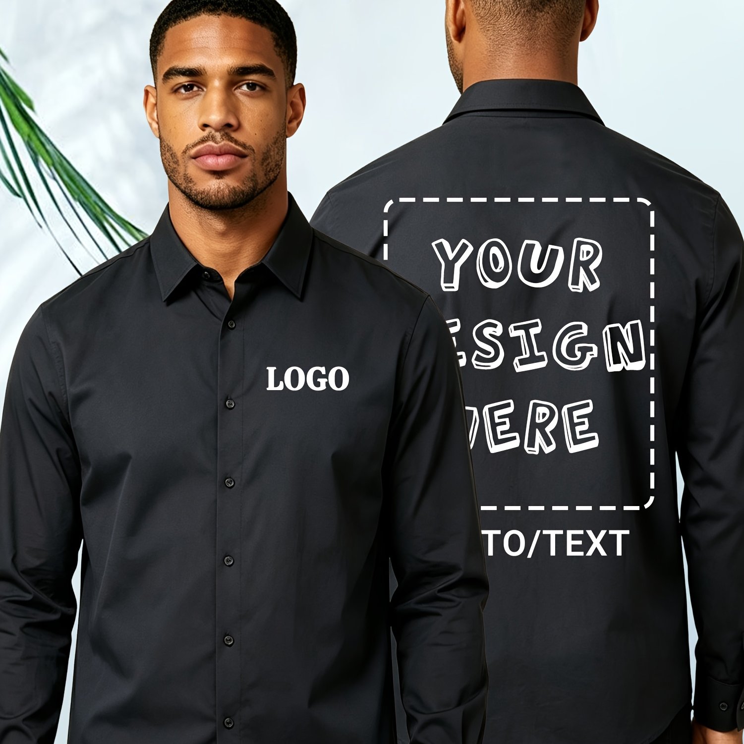 TEMU Men's Custom Long-sleeve Casual Dress Shirt, With Logo Printing, Casual- With No Pockets. Suitable For Work And , As Well Uniforms And Workwear