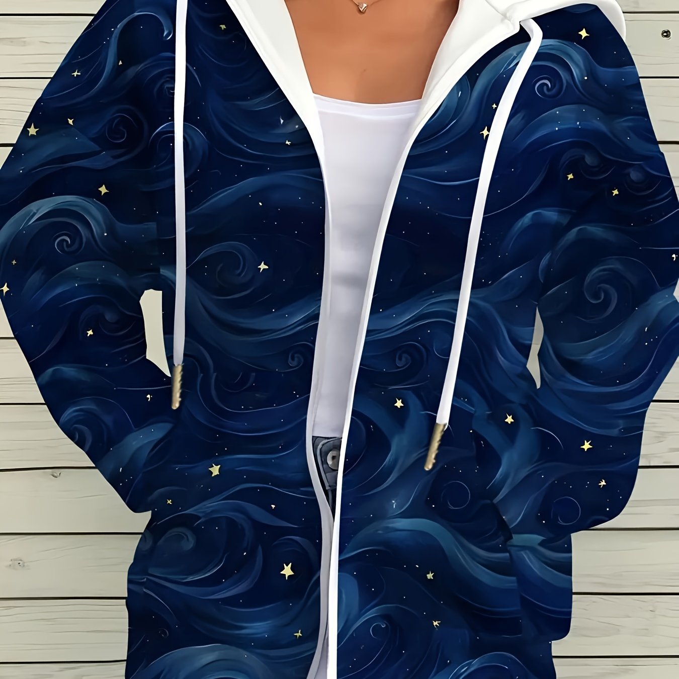 TEMU Plus Size Women's Hooded Zip-up Sweatshirt, Blue Ripple With Print, Individual Elegant Style. Elastic, Craft, Fashion Drawstring Design, Fall