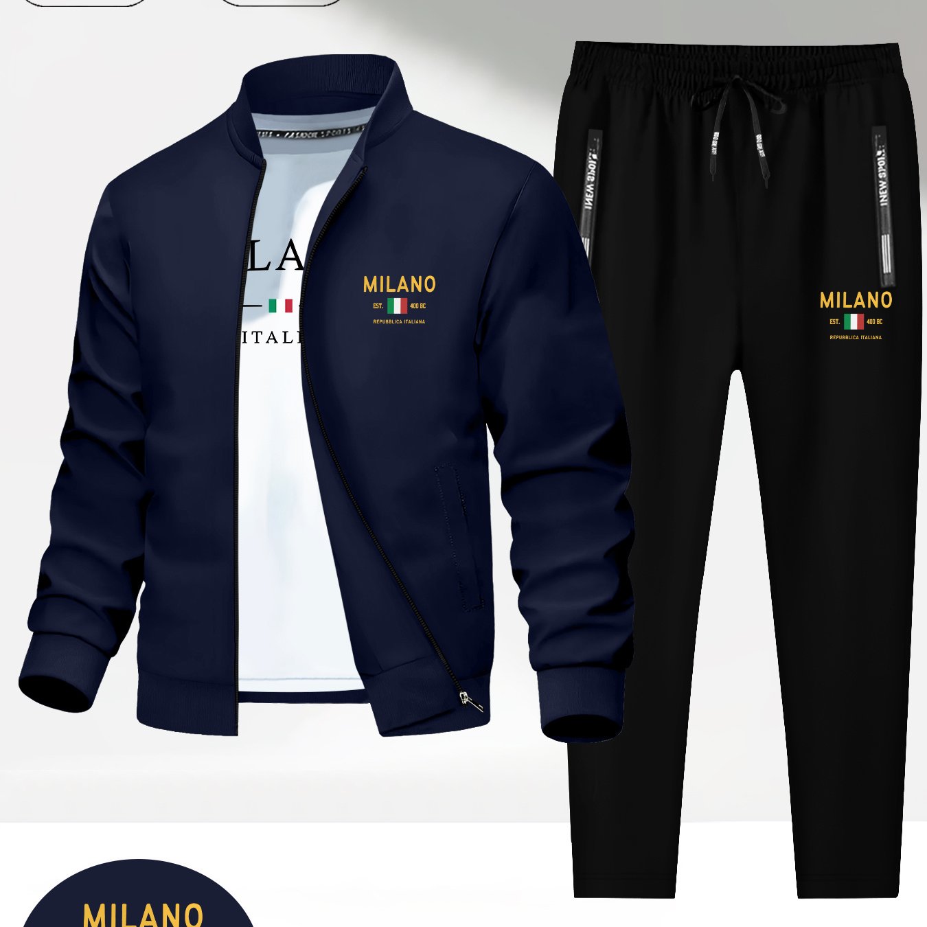 TEMU Yellow- Print, Casual Men's Set For Spring And Autumn: Simple Two-piece Round Neck Jacket And Pants, Trendy Outfit For And Travel